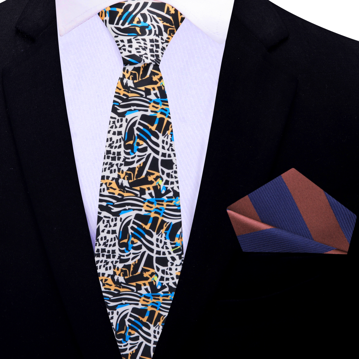 Kente-inspired necktie styled with a navy suit, ideal for business events.