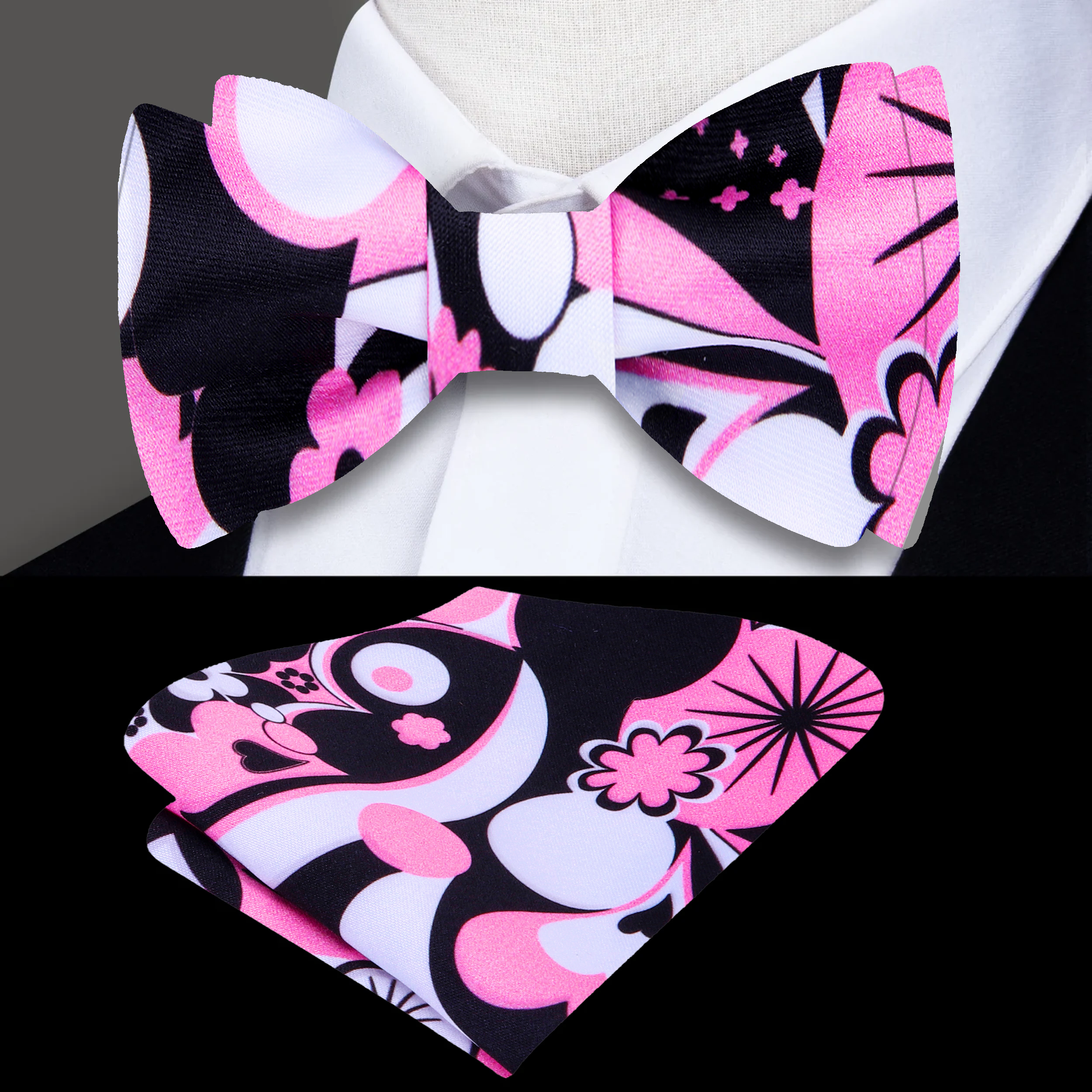 Man wearing a self-tie bow tie with pocket square at wedding