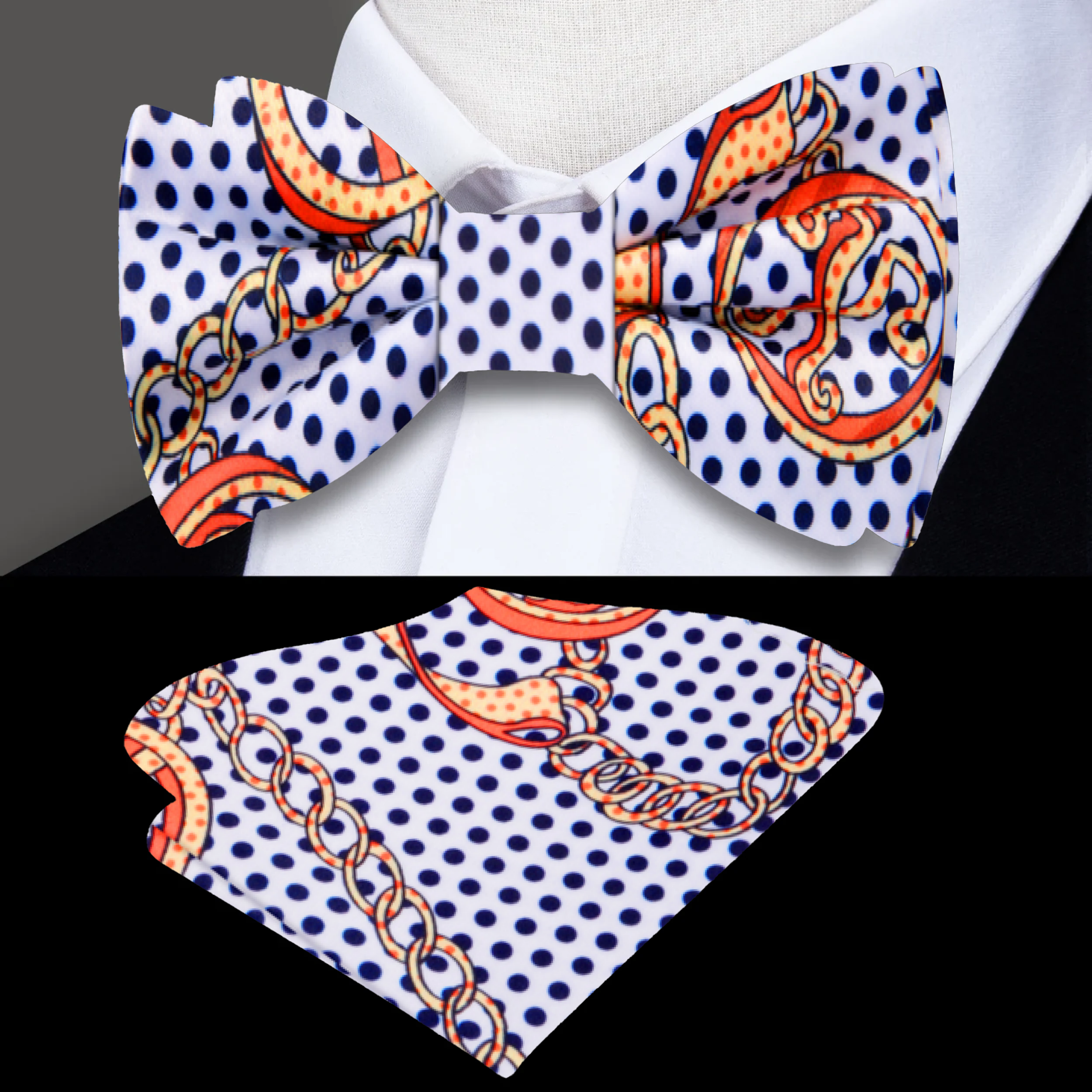 Close-up of a silk bow tie with peace symbols and polka dots for formal wear