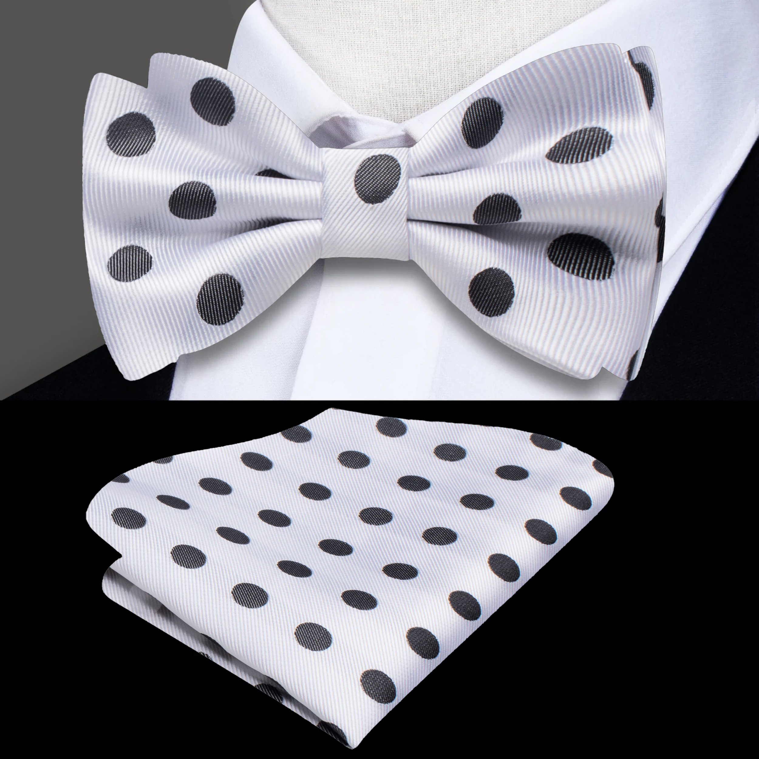 Close-up of a charming polka dot self-tie bow tie in blue with grey dots, highlighting its silk texture.