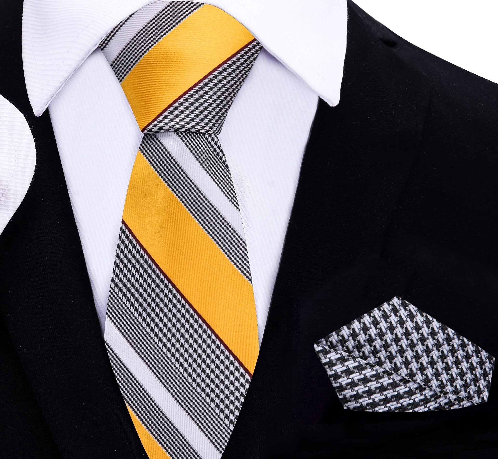 Front view of yellow striped necktie with houndstooth pattern, styled with a white shirt and charcoal suit