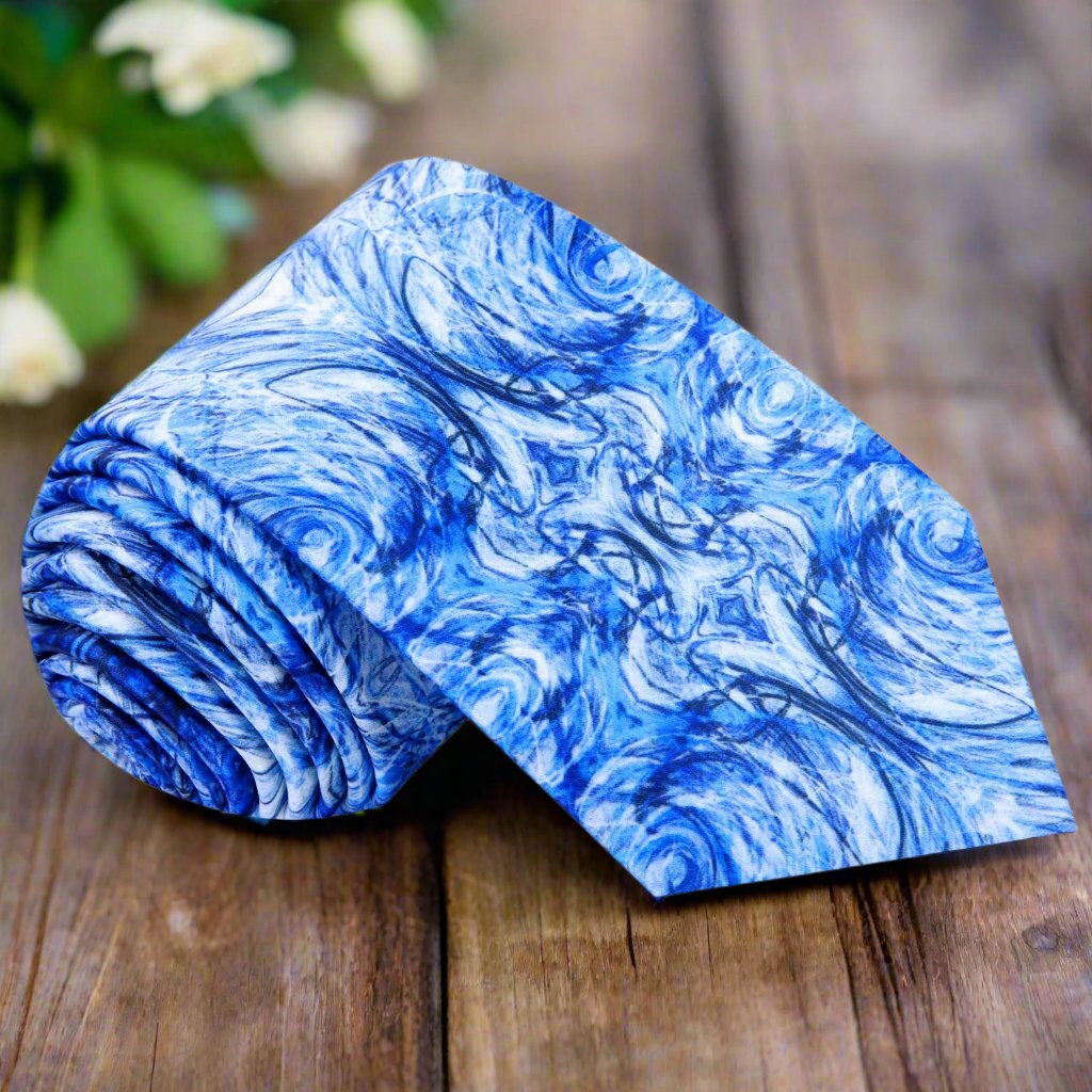 Close-up of watercolor silk necktie with abstract design, perfect for formal events