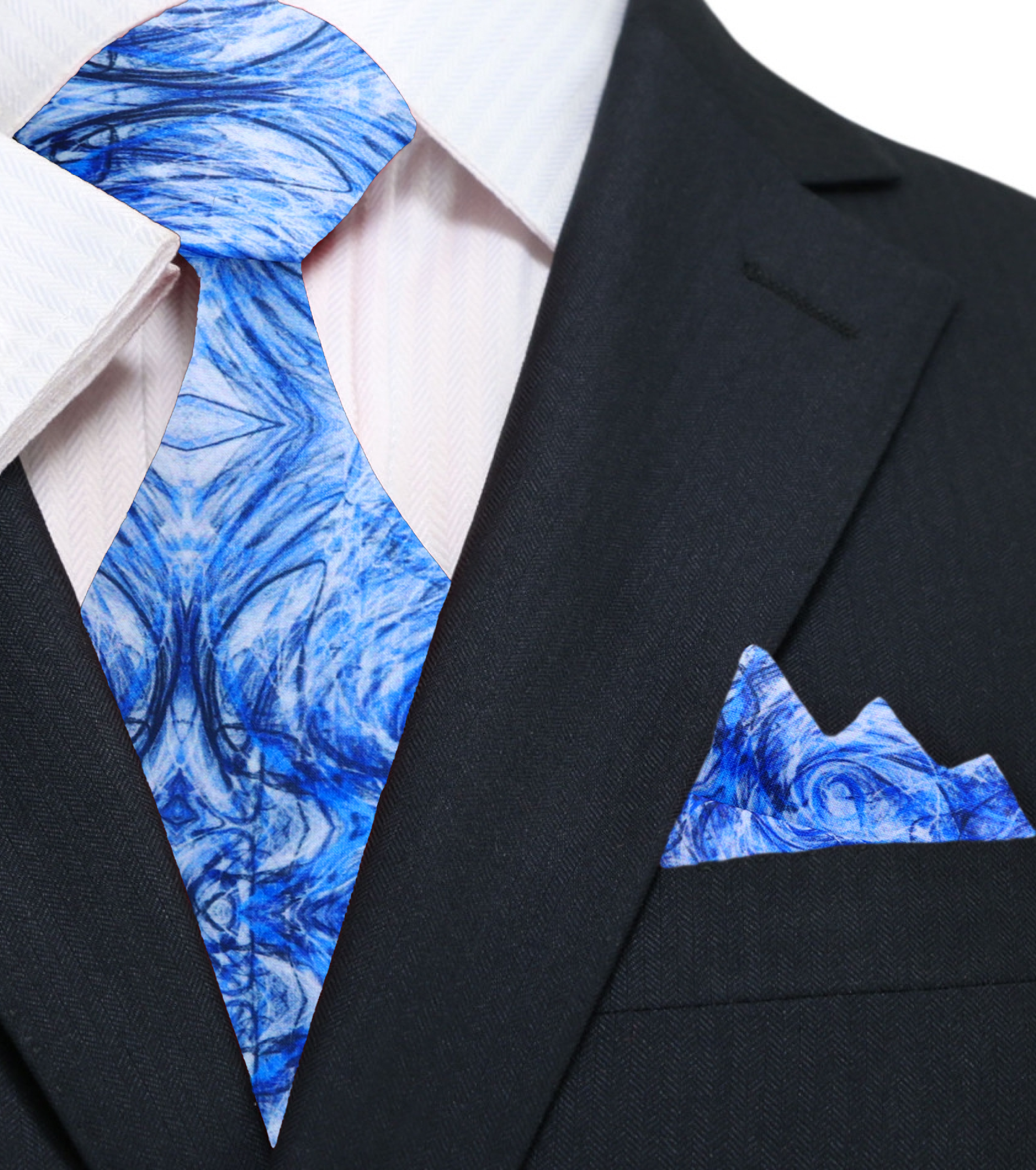 Man wearing watercolor silk necktie with a navy suit during a business meeting