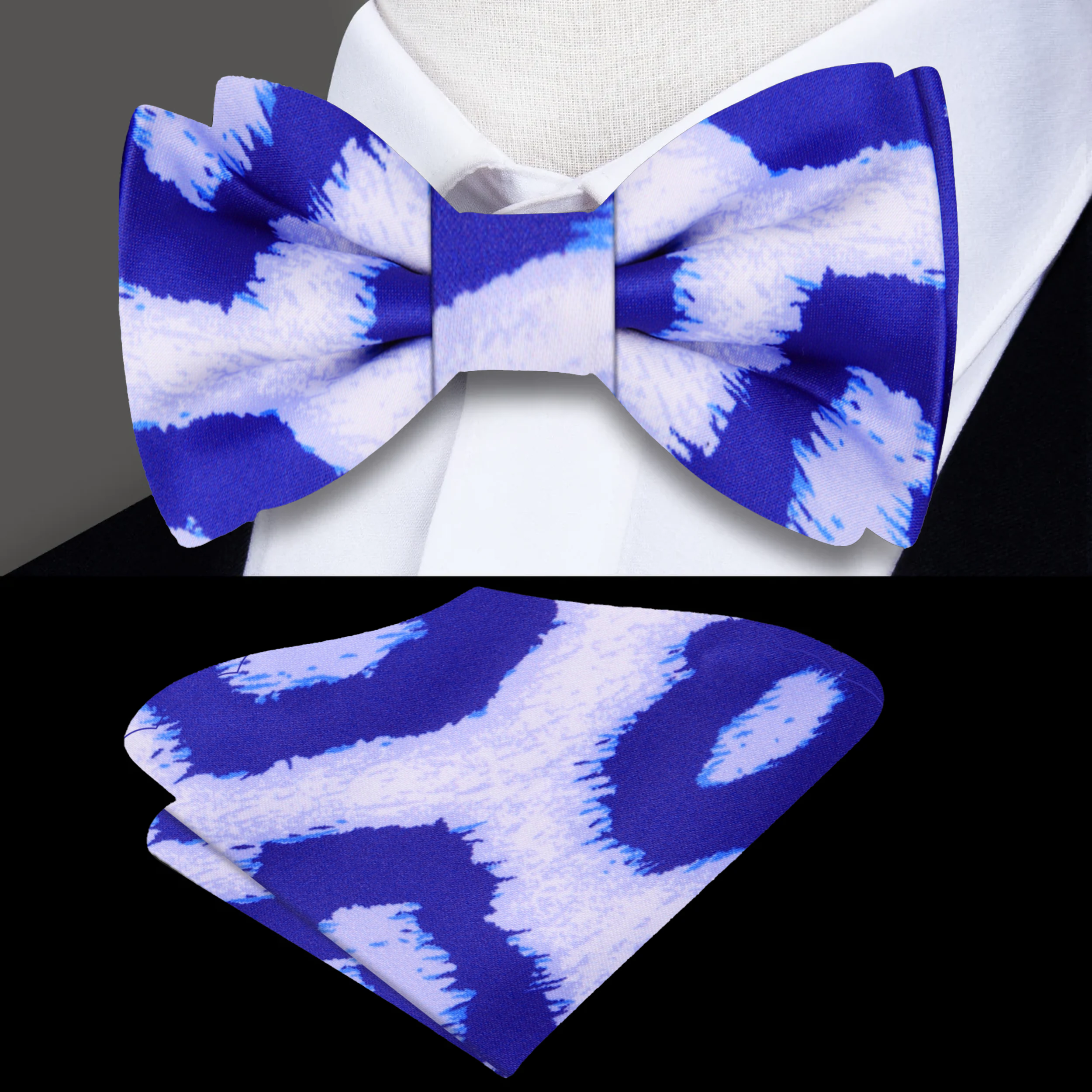 Front view of Frostwyke silk leopard print bow tie on a mannequin