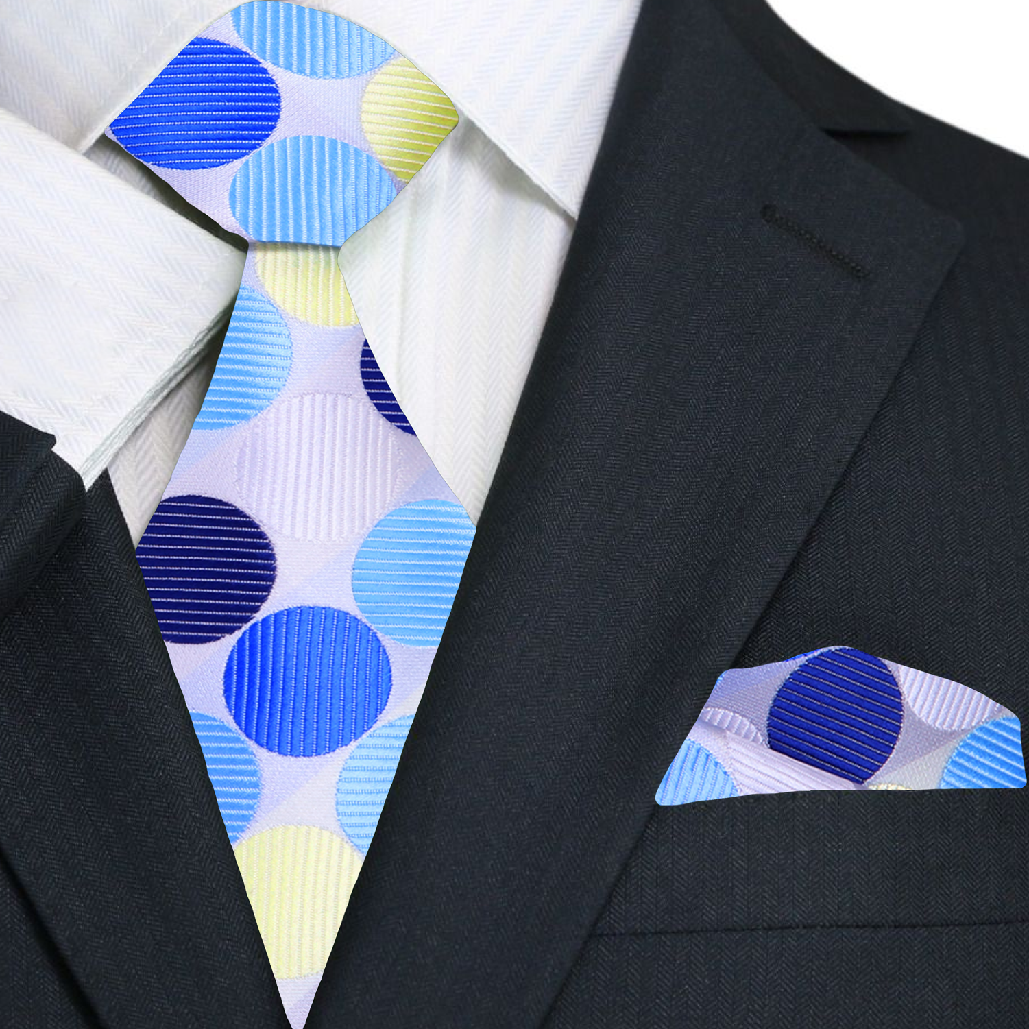 Close-up of the vibrant polka dot silk necktie, emphasizing the texture and quality of the fabric.