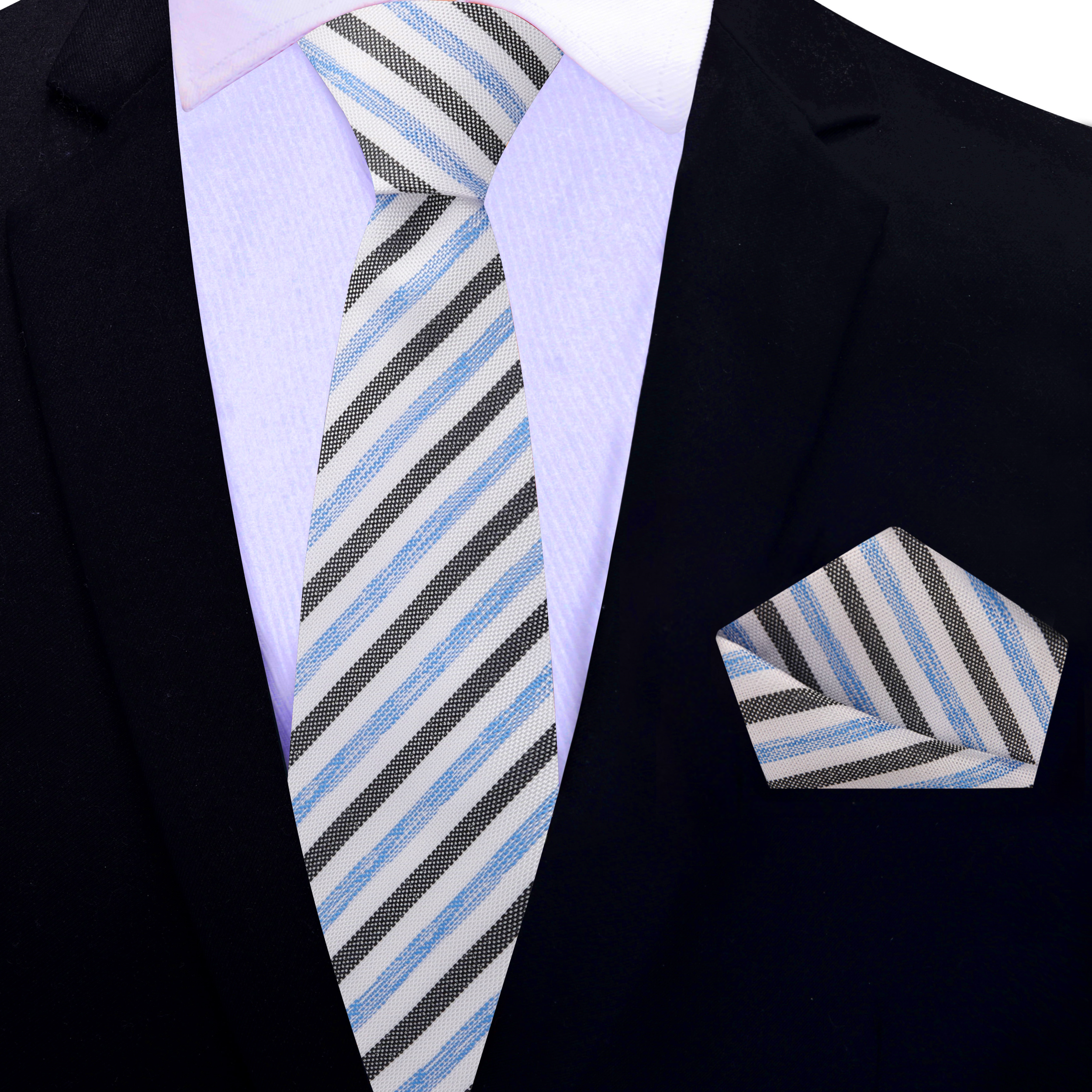 Close-up of a mens silk striped tie in white, blue, and beige