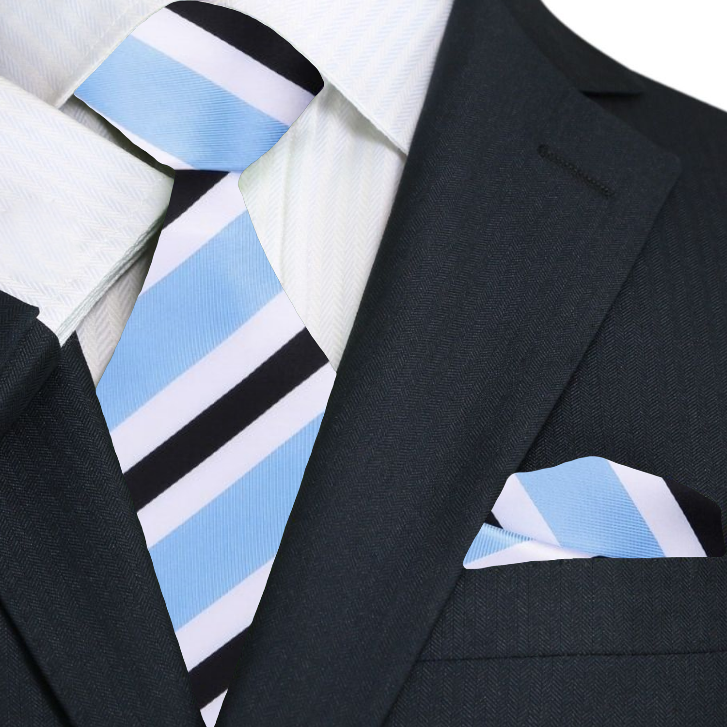 Matching pocket square with stripe pattern, perfect for formal occasions