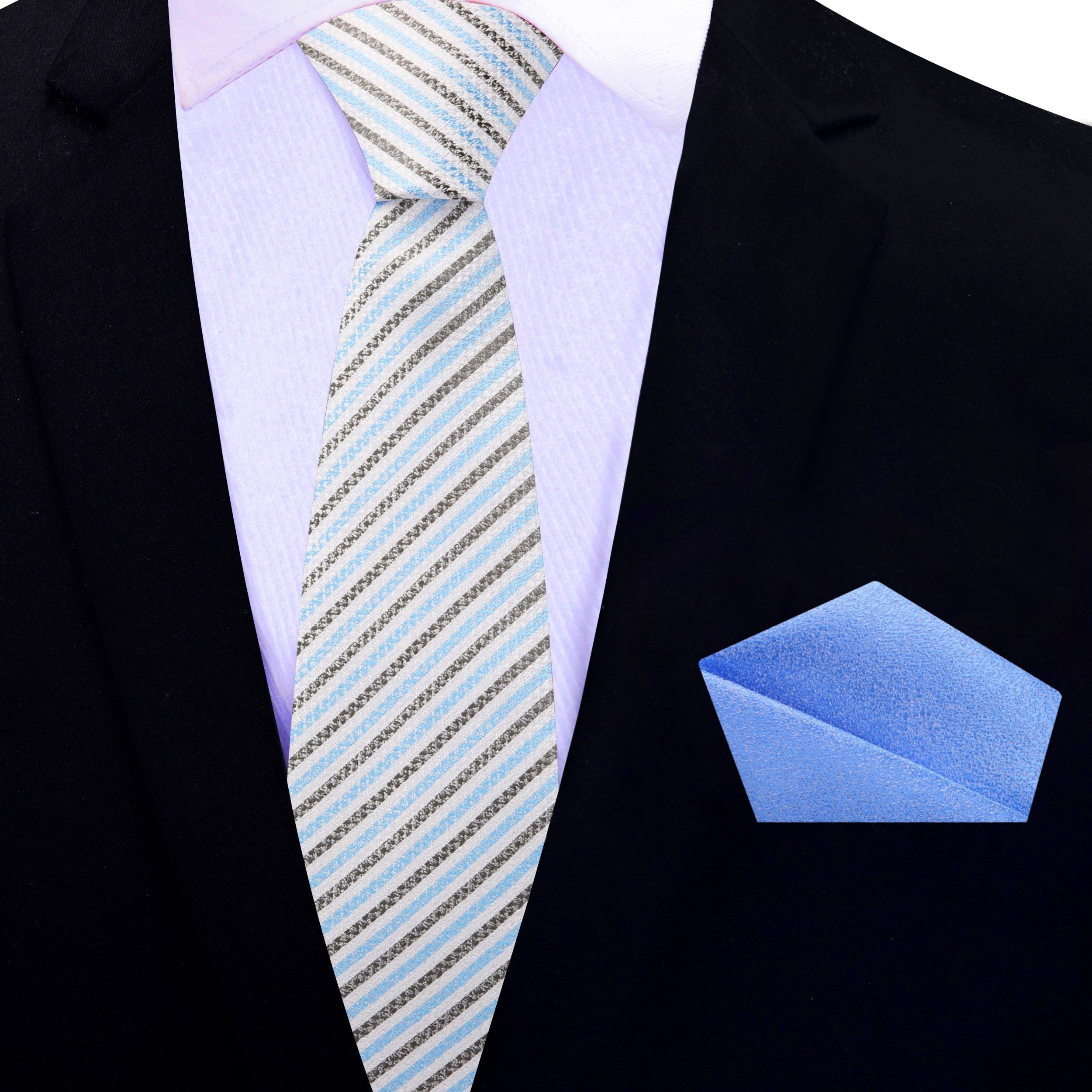 Close-up of a silk tie with light blue stripes showcasing elegant stripe pattern