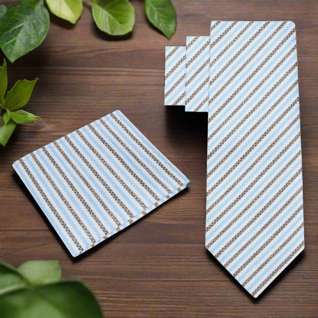 Silk tie with light blue stripes draped over a suit for weddings and business meetings