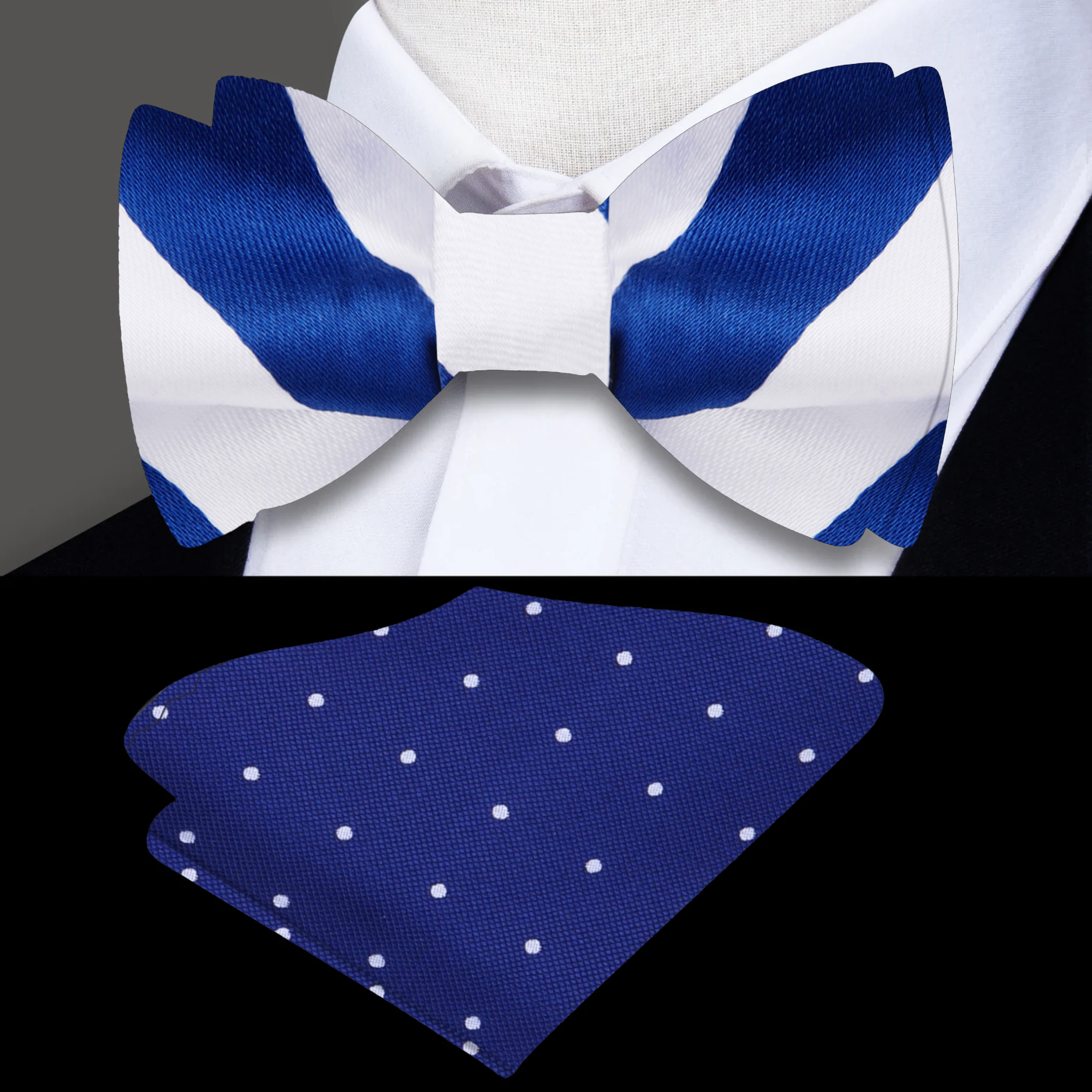 Navy striped silk self-tie bow tie with a close-up view, showcasing its elegant design.
