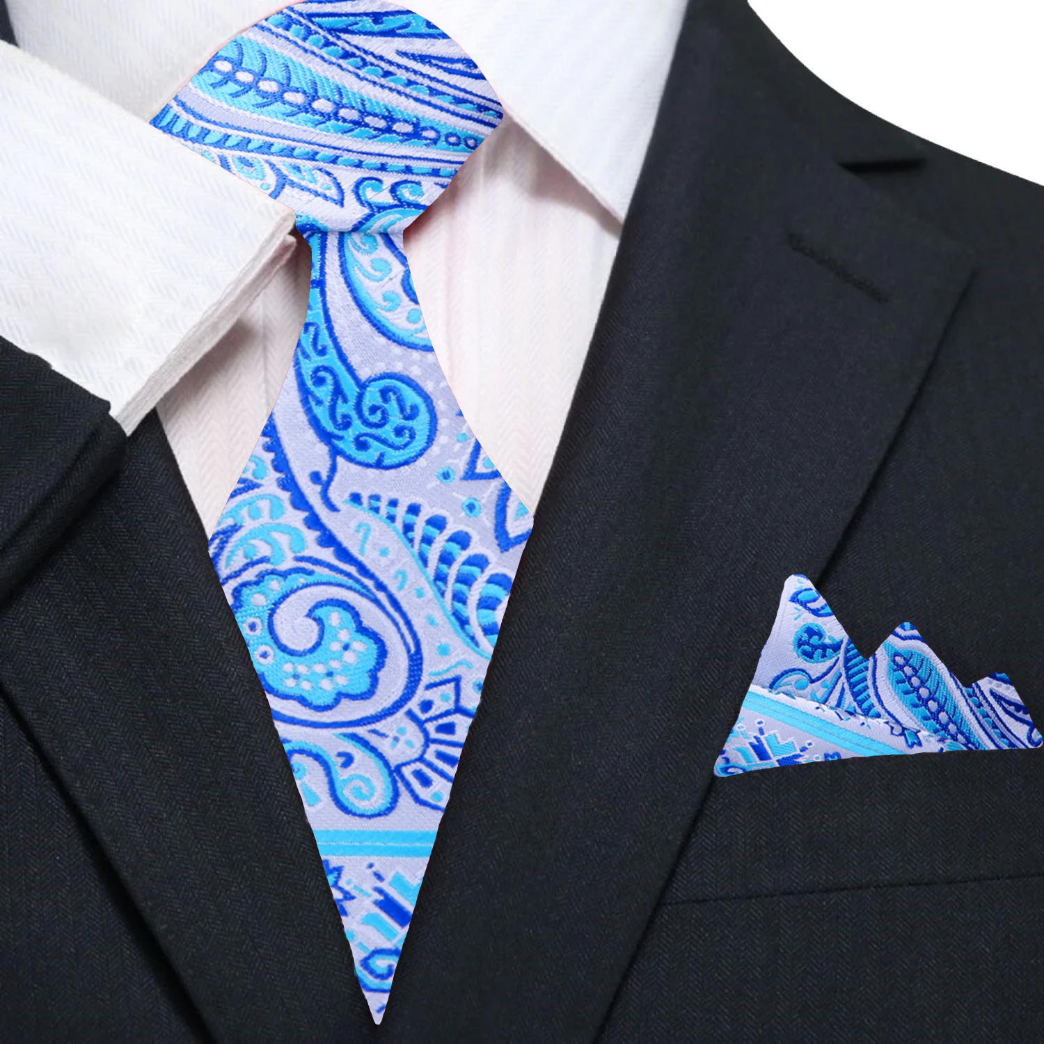 Front view of a blue paisley silk necktie for men, suitable for weddings and business events
