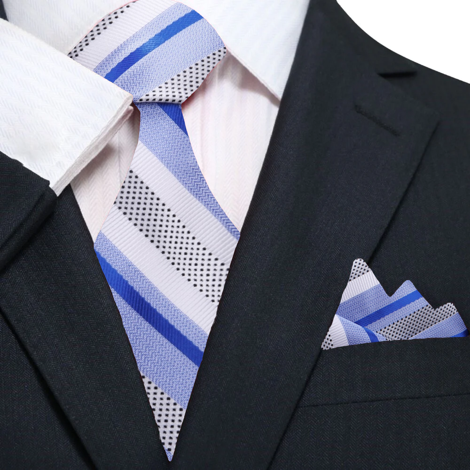 Close-up of the blue and white striped silk necktie, showcasing its luxurious texture and pattern.