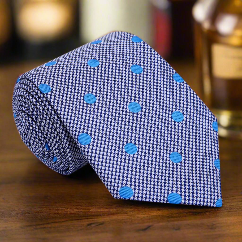 Close-up of the silk tie showing white fabric with blue polka dots, ideal for formal wear
