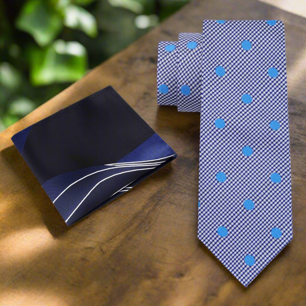 Tie and pocket square set displayed flat, highlighting the silk texture and vibrant pattern