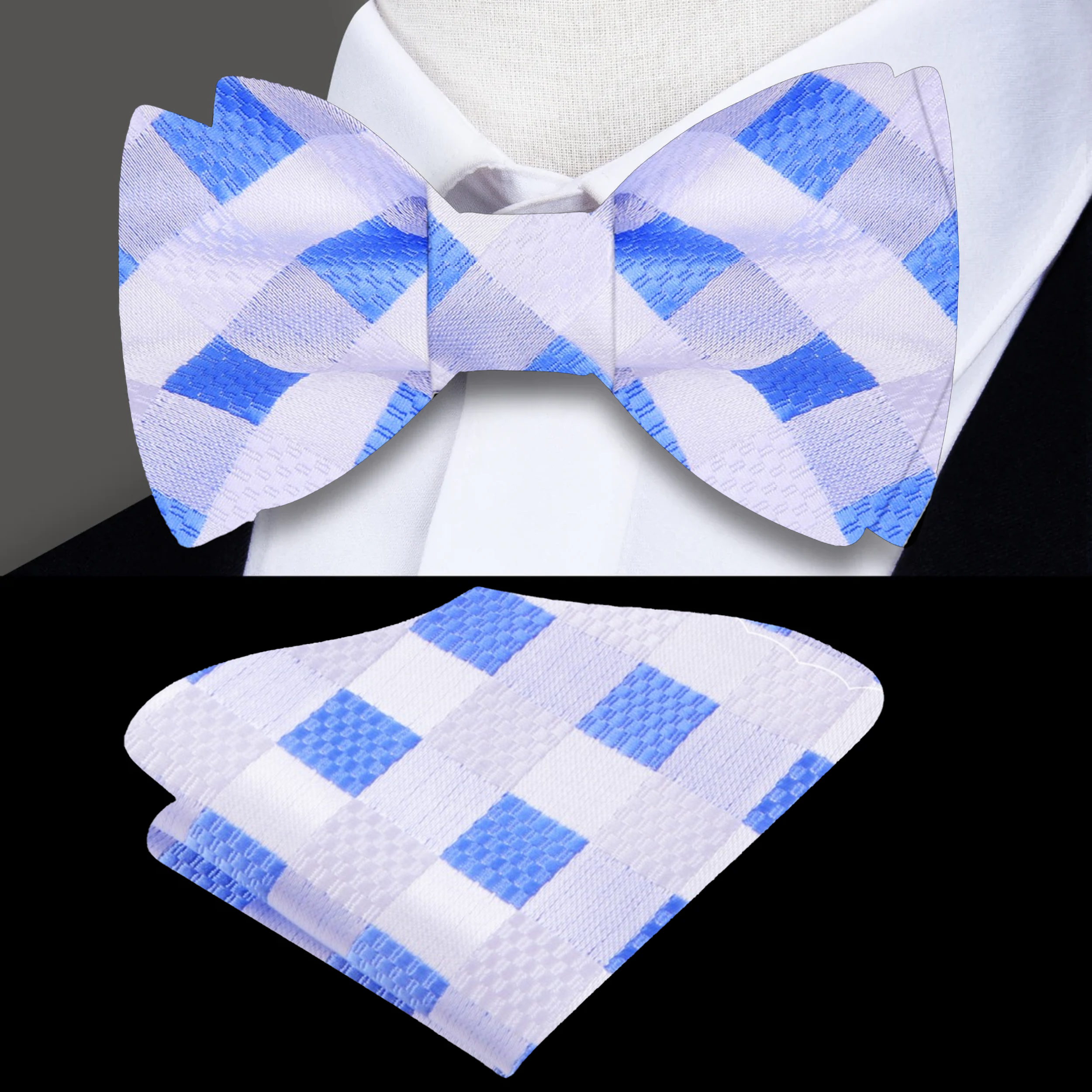 Close-up view of the yellow and blue plaid pattern in a silk bow tie.