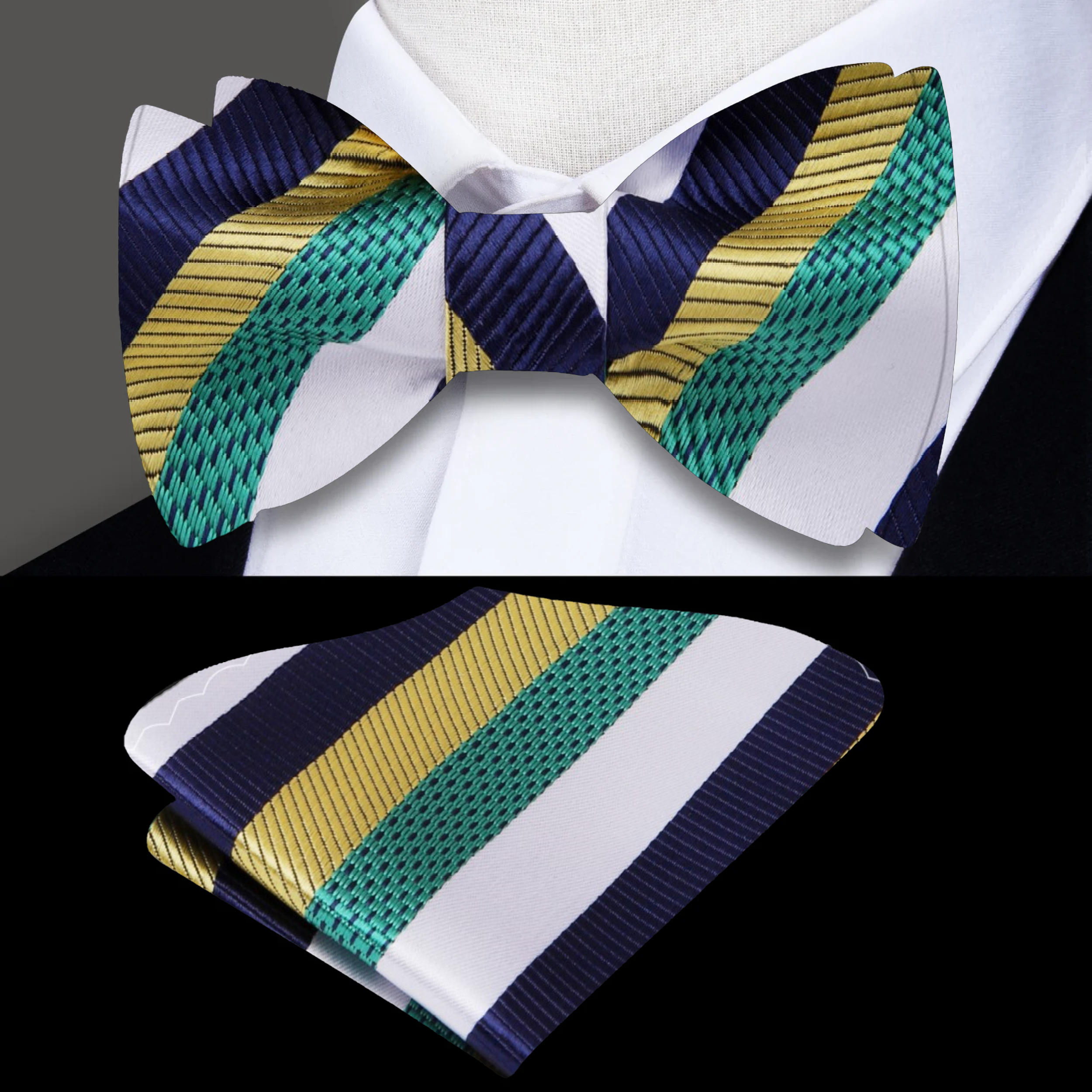 Bright Green, Gold, and Blue Striped Bow Tie, perfect for weddings and formal events.