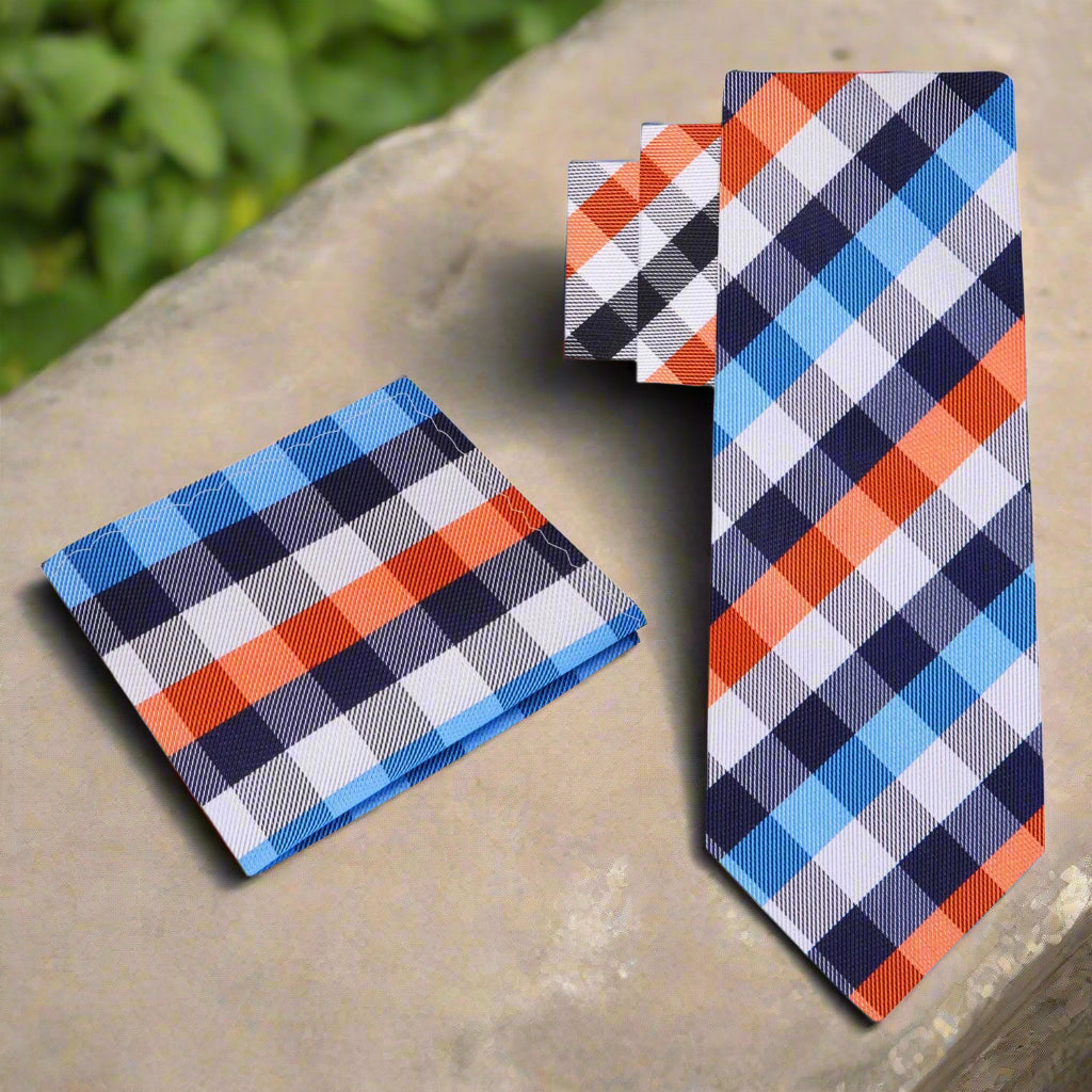 Vibrant silk check necktie styled with a crisp white dress shirt, perfect for formal events.