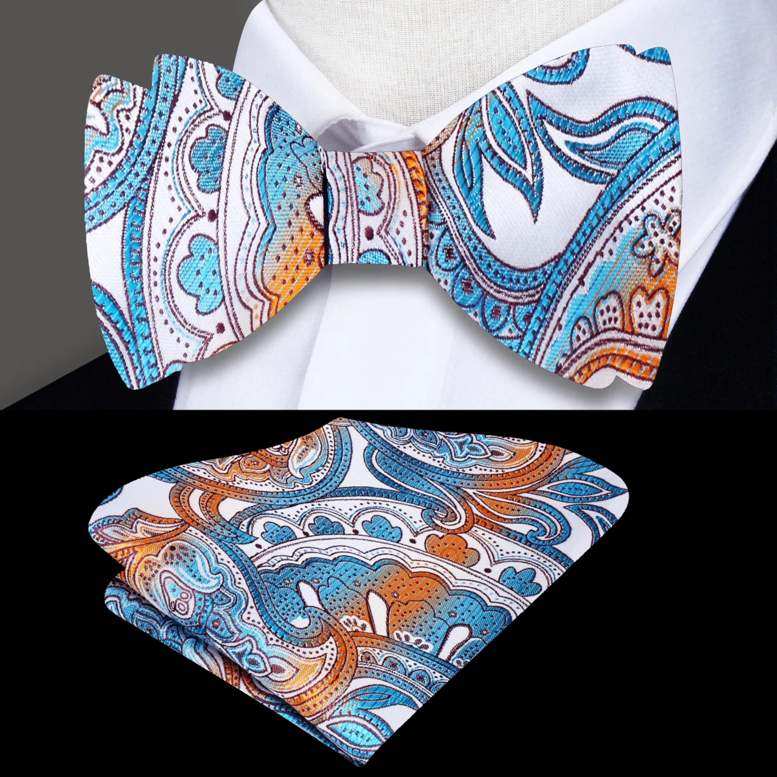 Close-up of the paisley pattern on the silk bow tie and matching pocket square