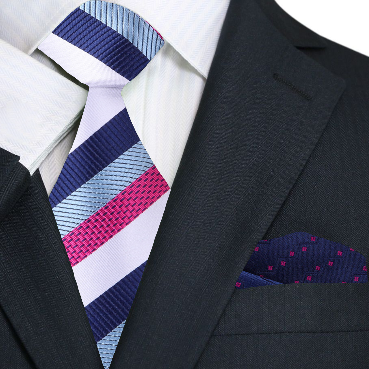 Caldwell striped necktie displayed with a charcoal grey suit, perfect for weddings.