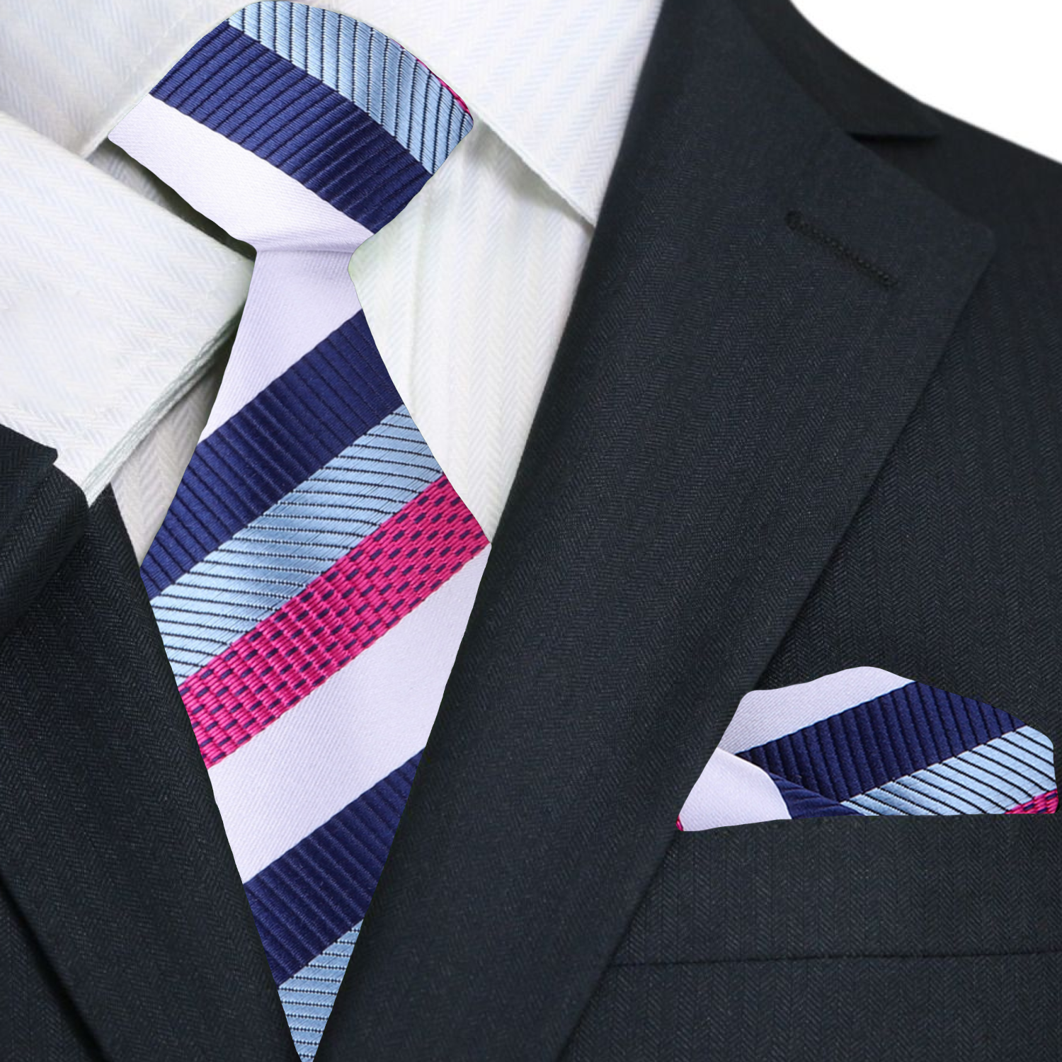 Caldwell striped necktie displayed with a charcoal grey suit, perfect for weddings.