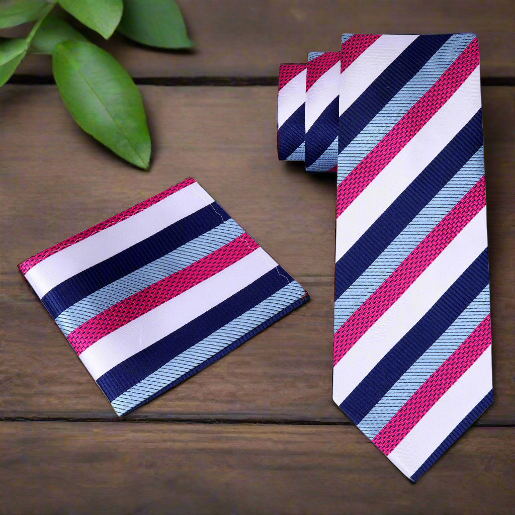 Close-up of Caldwell striped necktie showing white, dark pink, dark blue, and light blue stripes.