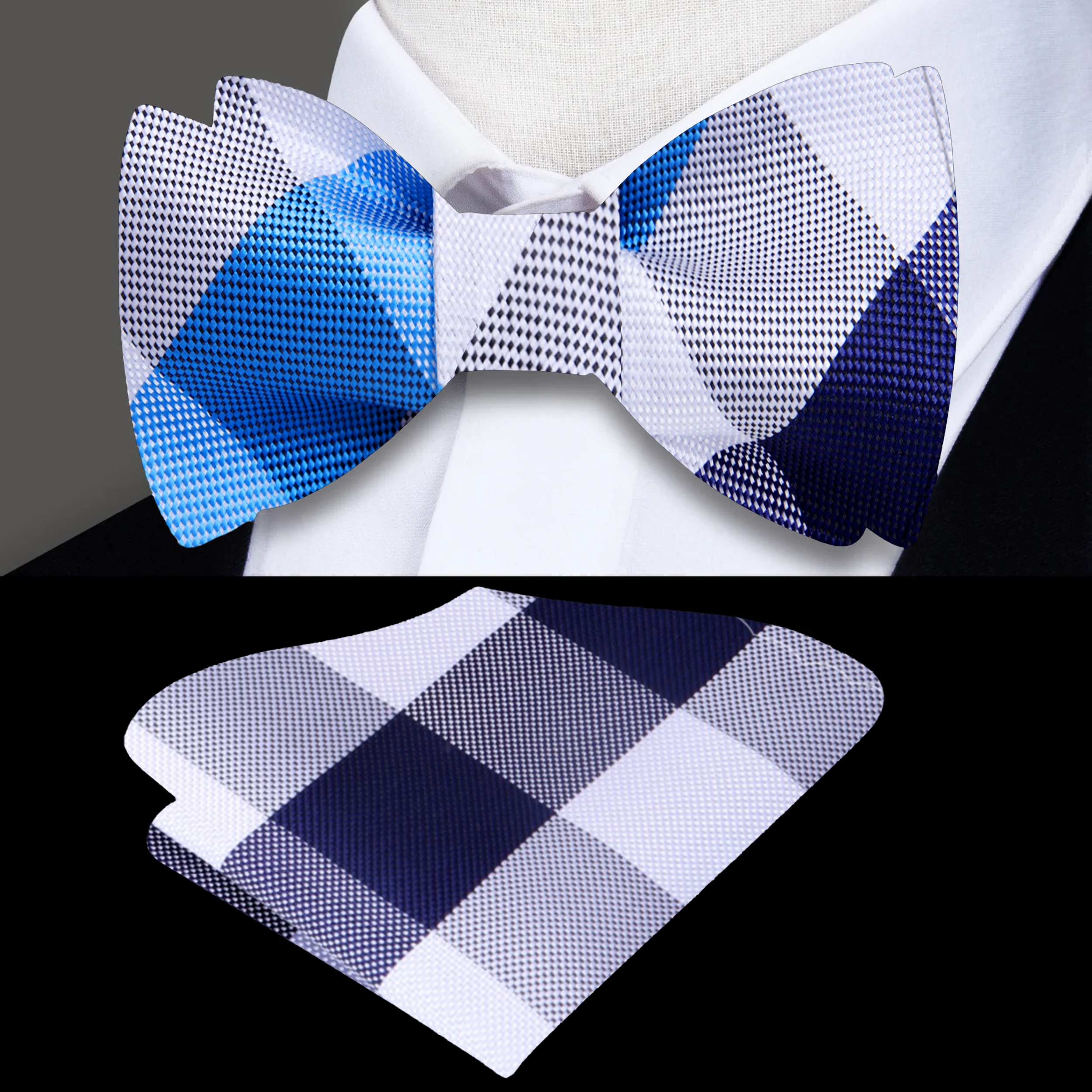 Man adjusting a vibrant plaid self-tie bow tie with a classic suit for a formal event
