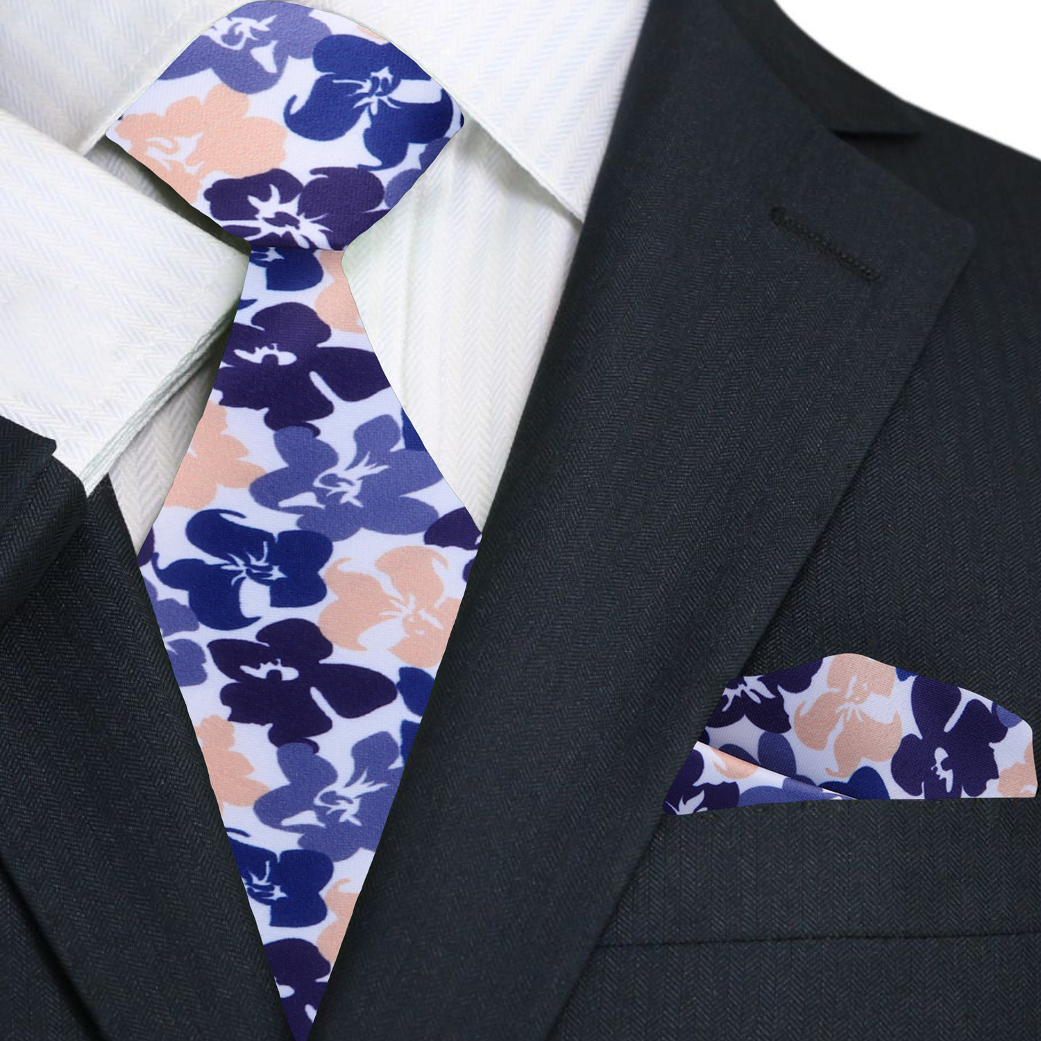 Close-up of vibrant hibiscus flowers silk tie, perfect for summer wedding attire