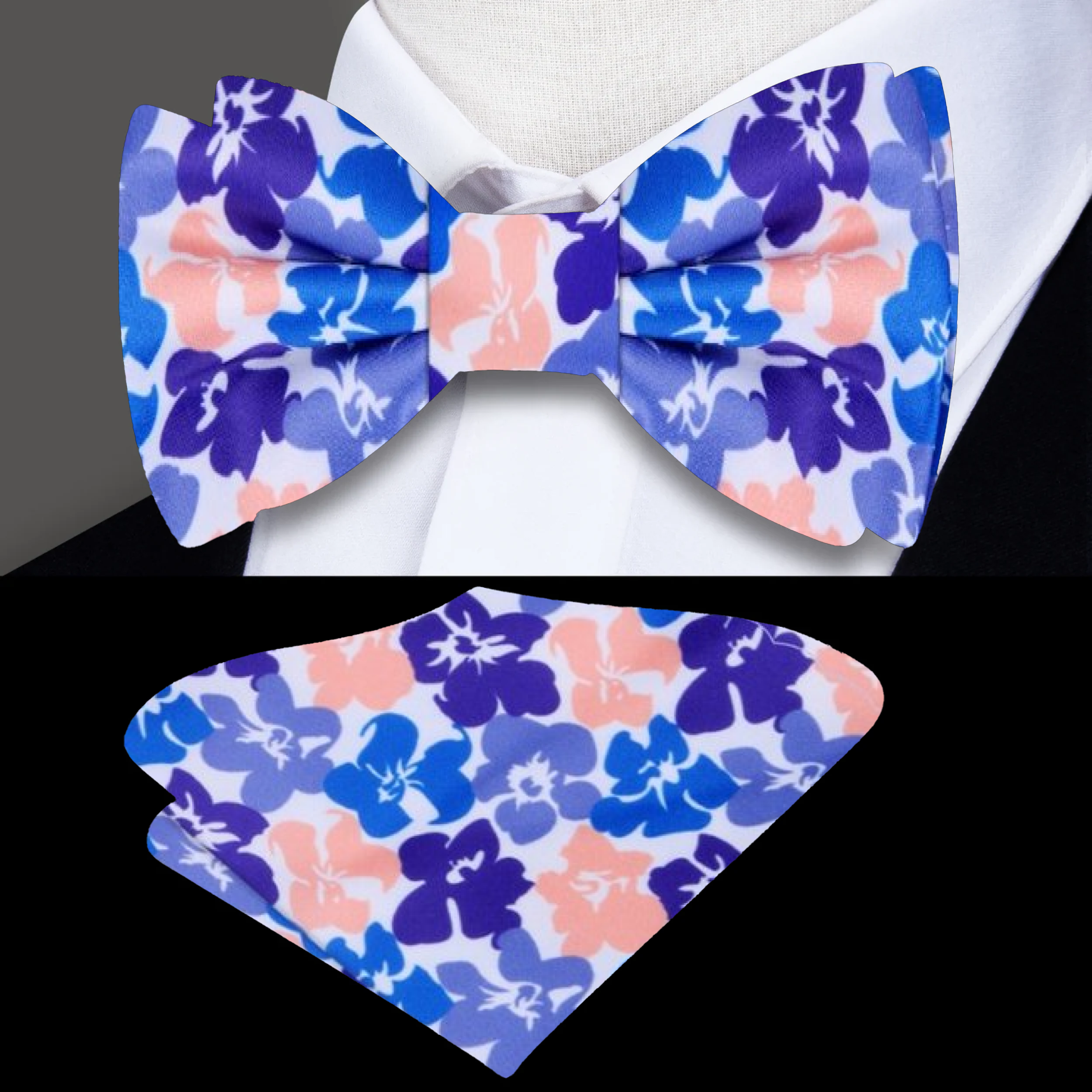 Elegant hibiscus floral silk bow tie worn with formal suit for wedding