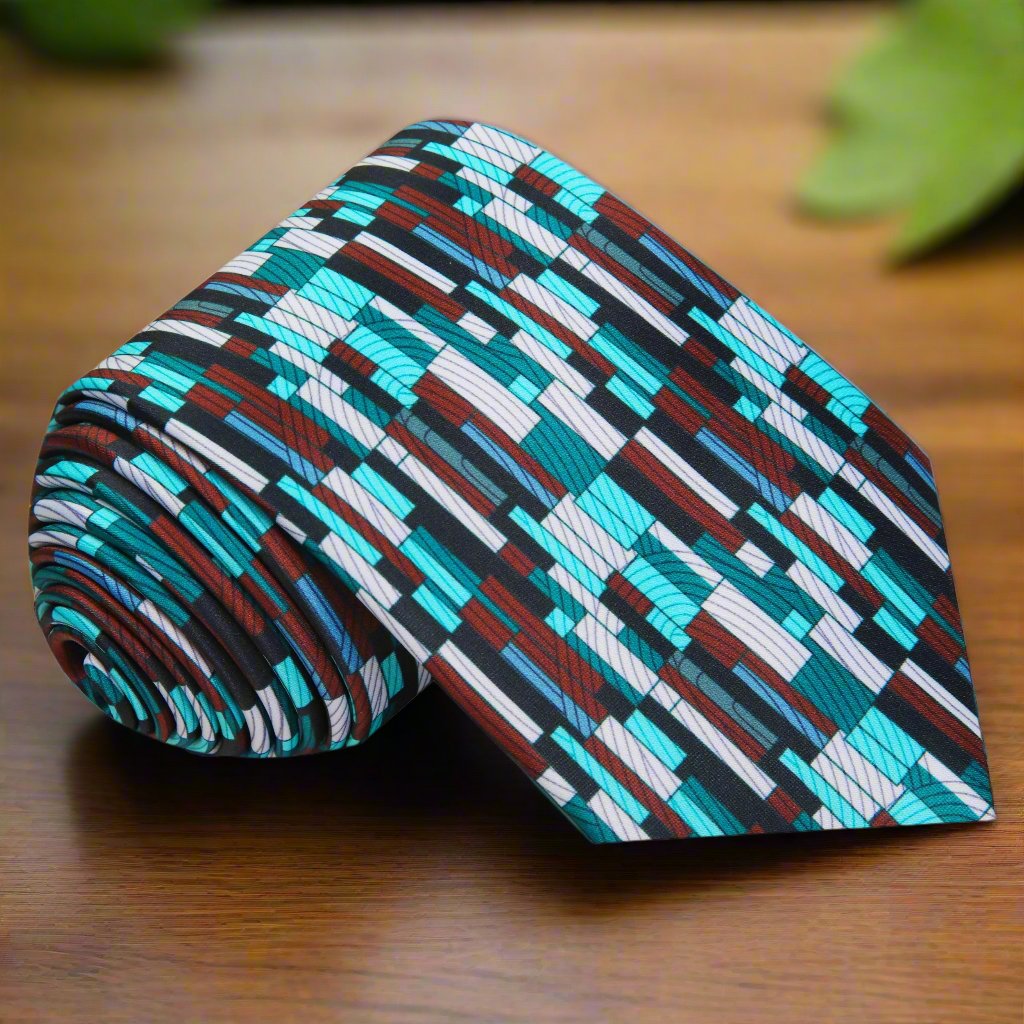 Front view of the Heritage Elegance Kente Pattern Silk Necktie, highlighting the intricate design and vibrant colors.