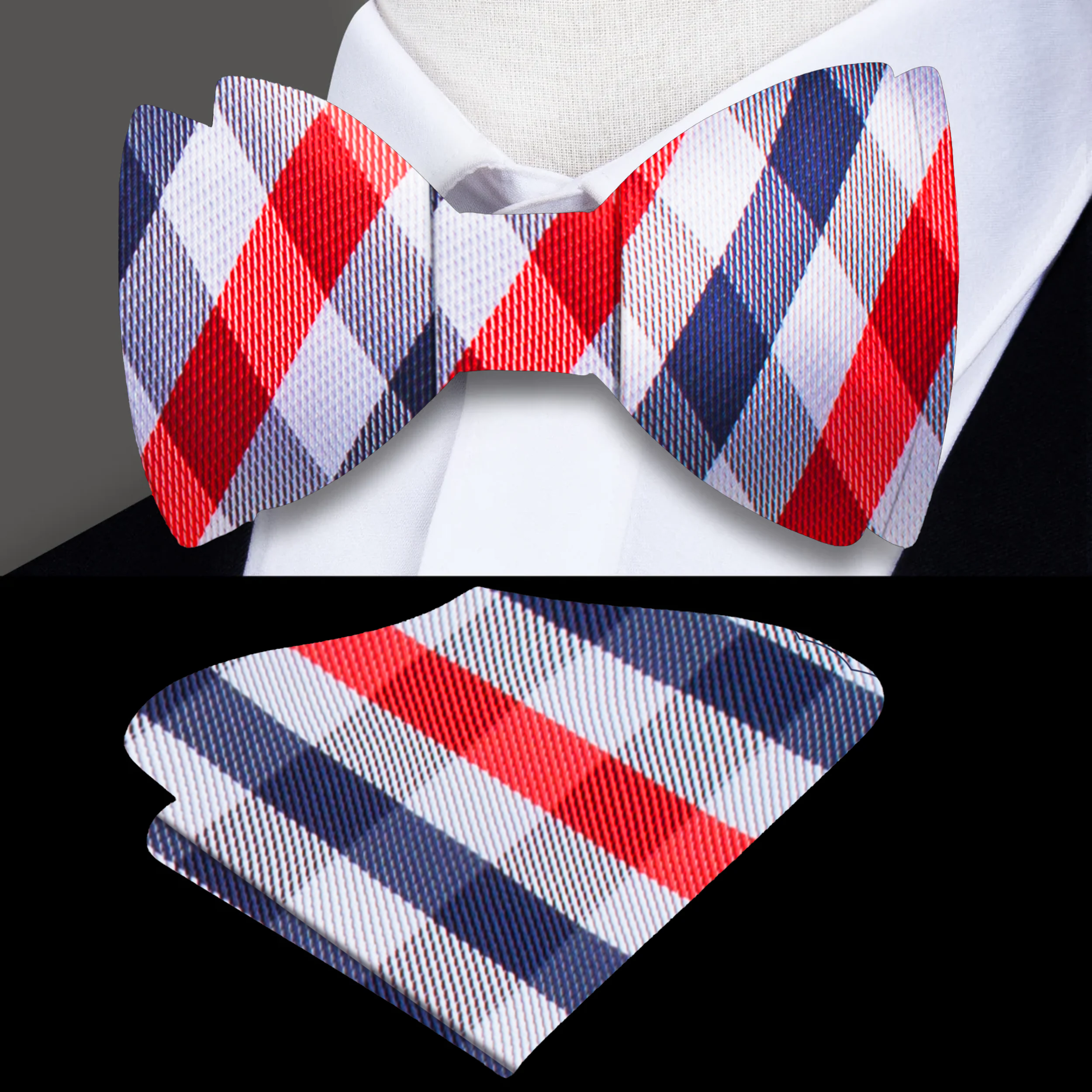 The pink and blue check silk bow tie displayed alongside a matching pocket square on a tailored suit.