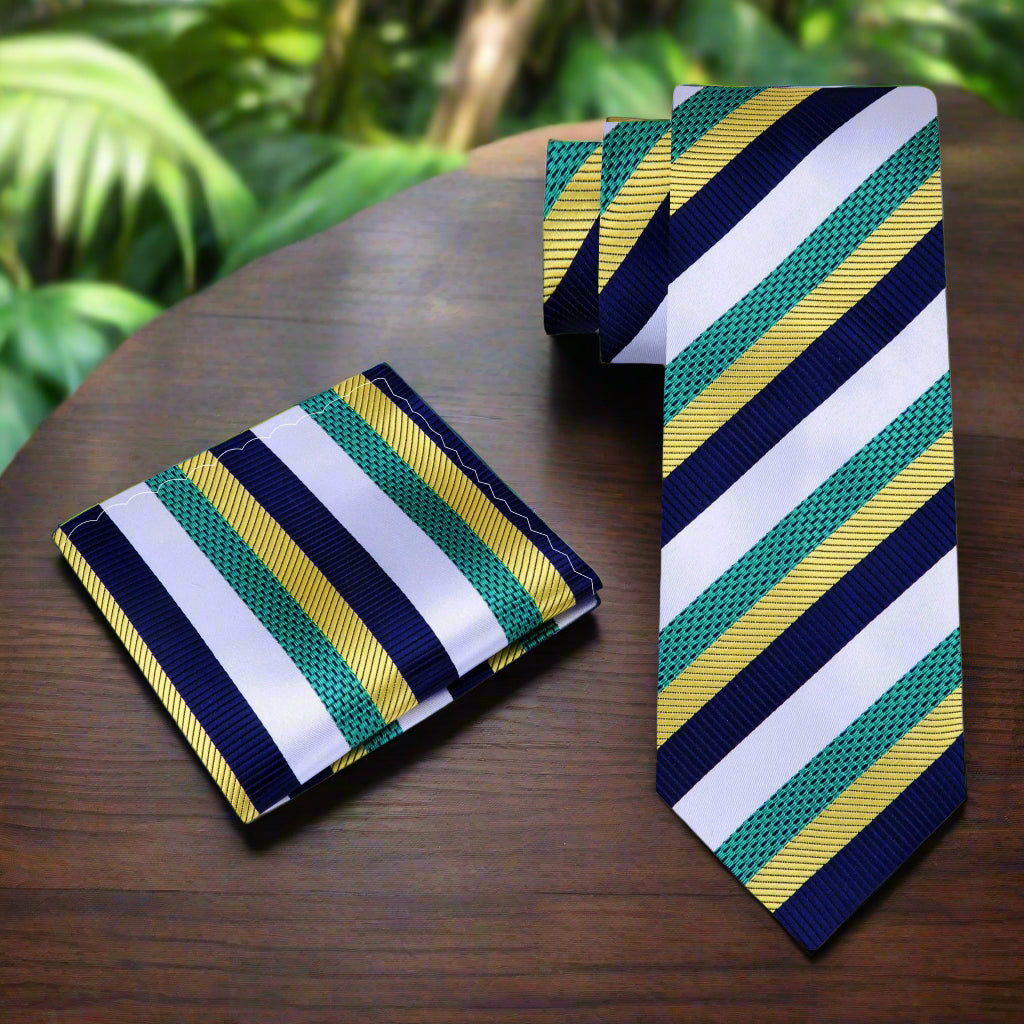 Close-up of green and gold striped necktie on white shirt — perfect formal tie for client meetings.