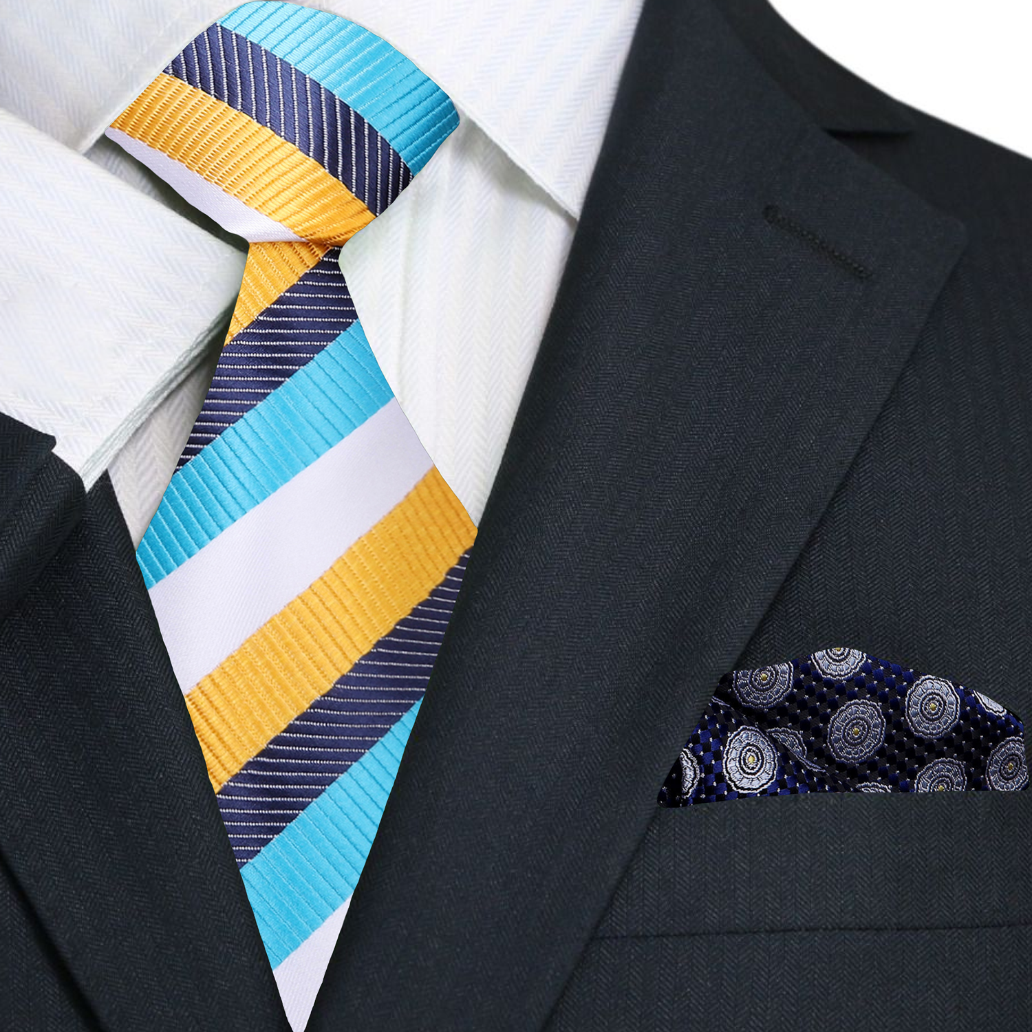 Flat lay of the Bexington striped necktie and matching pocket square for wedding attire