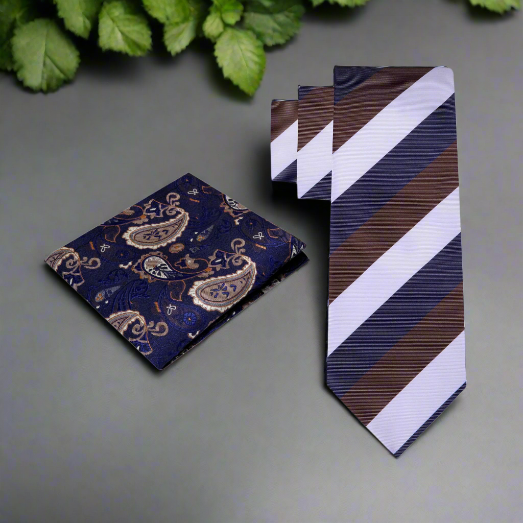Styled outfit with the stripe necktie paired with a navy suit for semi-formal event