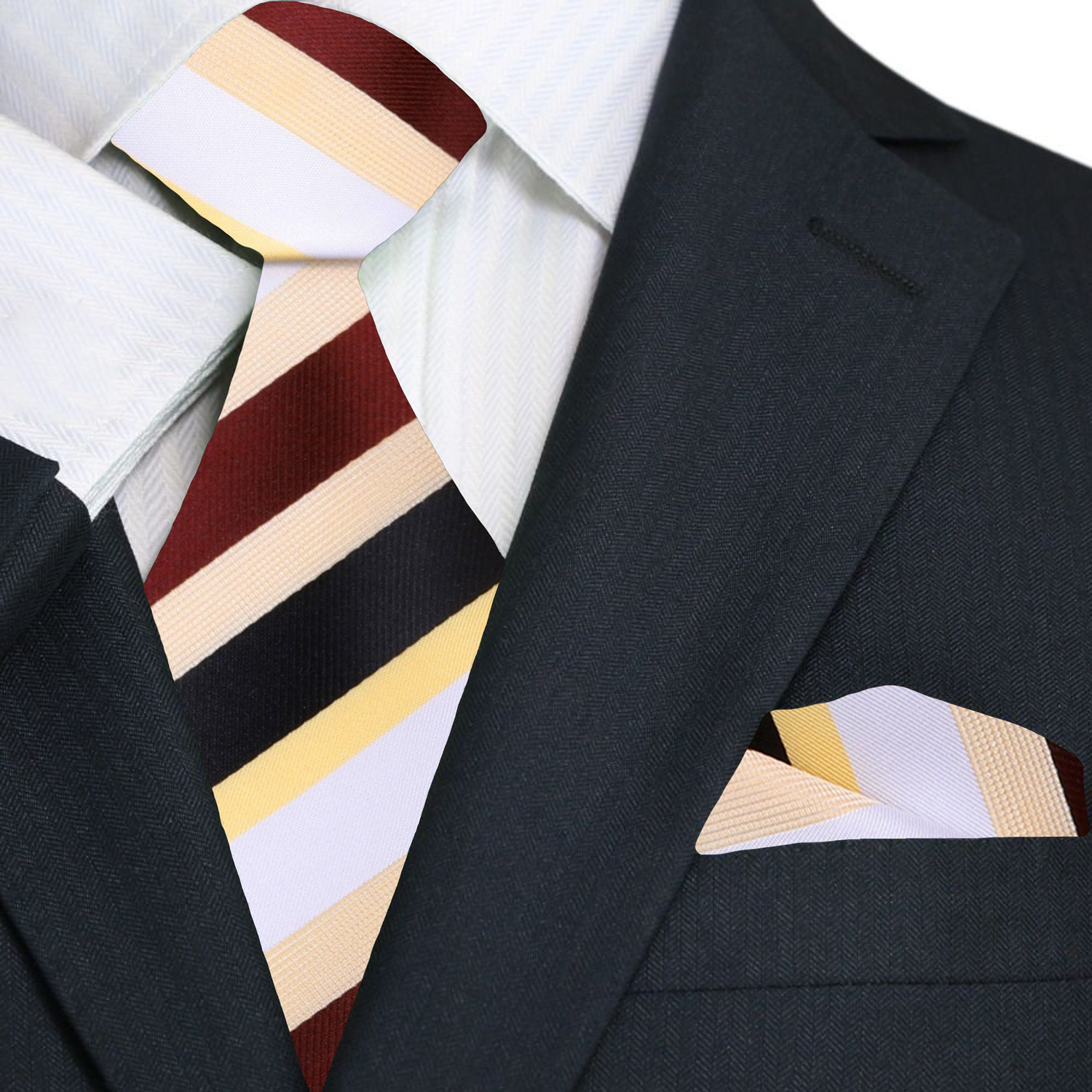 Close-up of the silk tie showing blue and red stripe pattern, ideal for office wear