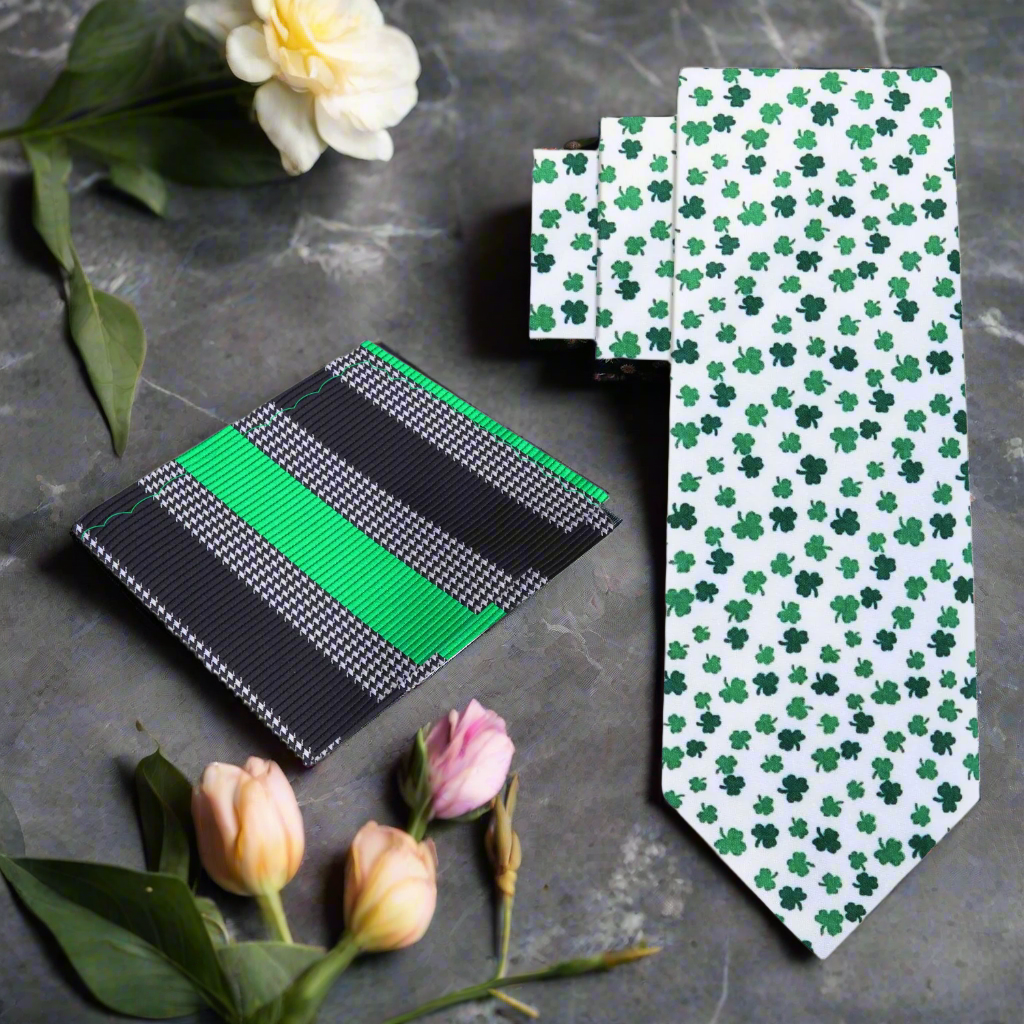Close-up of the Irish Pride Green Clover Silk Tie showcasing its festive green and white pattern.