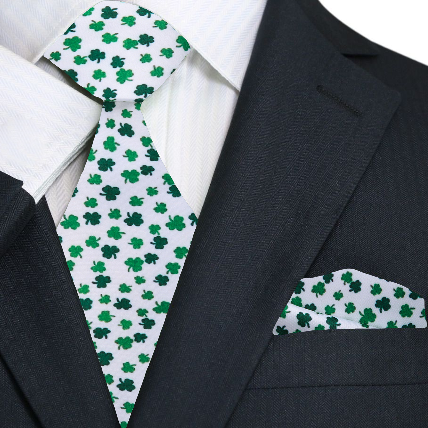 Model wearing the green clover pattern tie with a sharp white shirt at a St. Patricks Day parade.