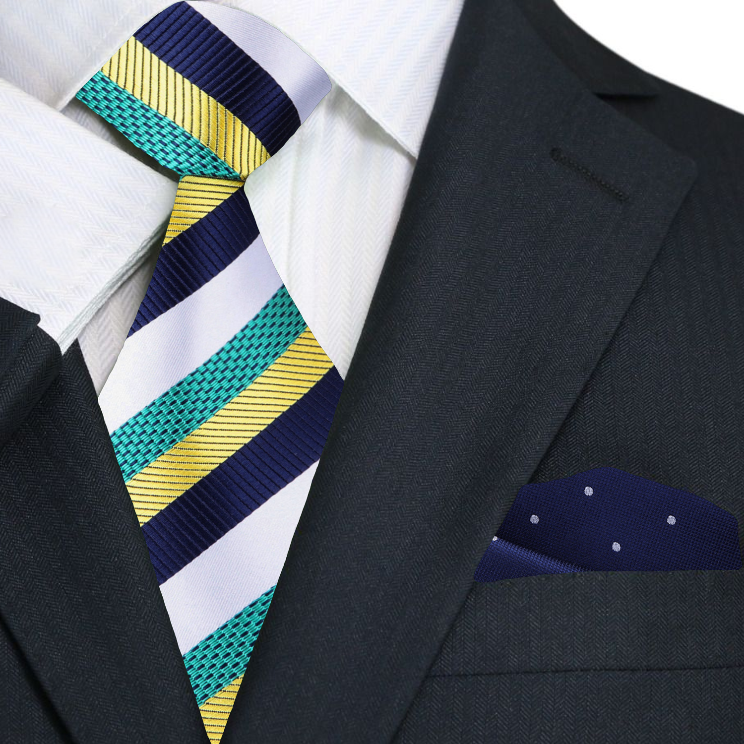 Striped necktie with pocket square set displayed on navy suit — best mens tie for navy suit.