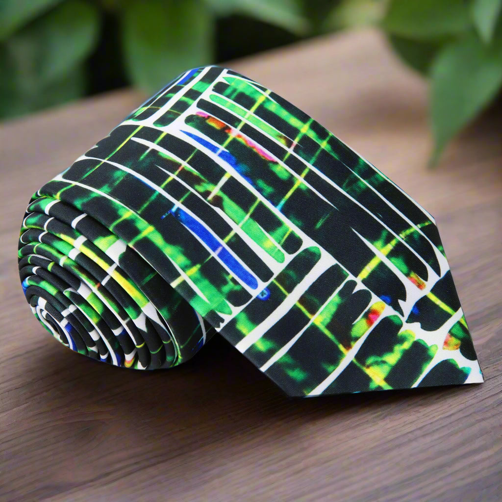 Close-up of the silk ties geometric design, highlighting its luxurious texture and vibrant colors.