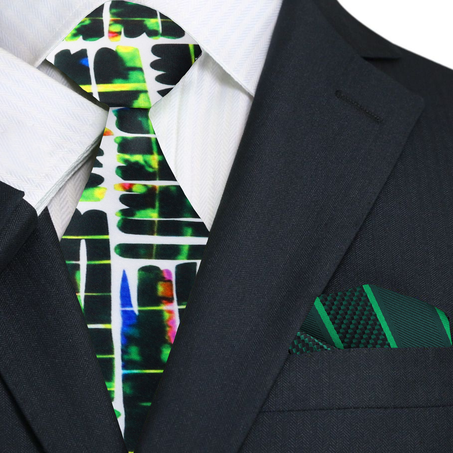 Close-up of the silk ties geometric design, highlighting its luxurious texture and vibrant colors.