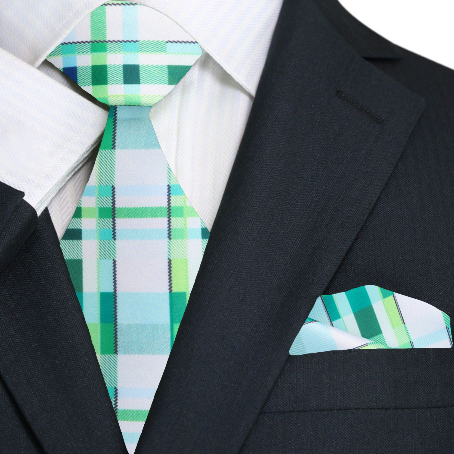 View of the elegant green plaid silk necktie with handkerchief set on a wooden table, showcasing its vibrant colors.