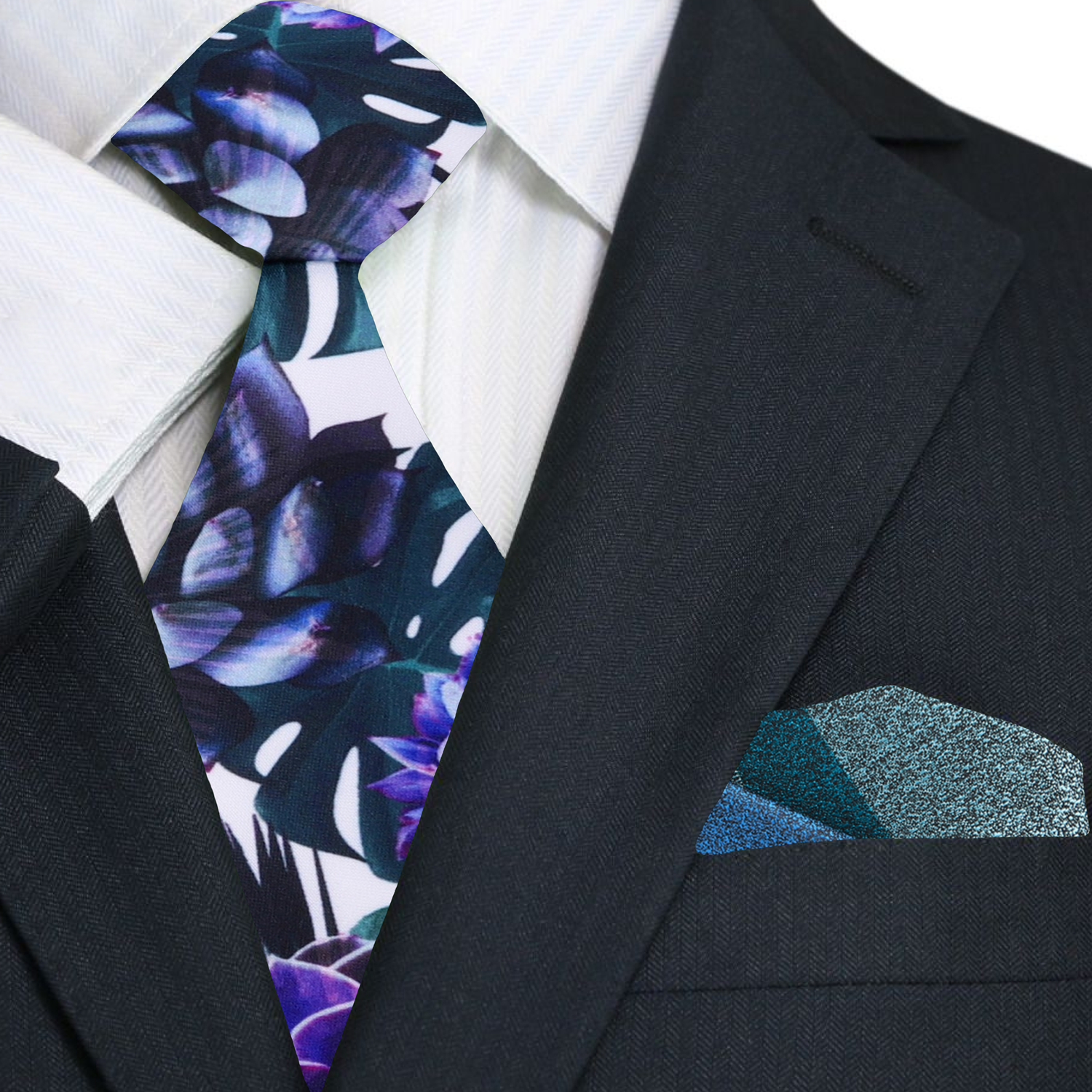 Man wearing a stylish mens floral tie with a navy suit for a wedding