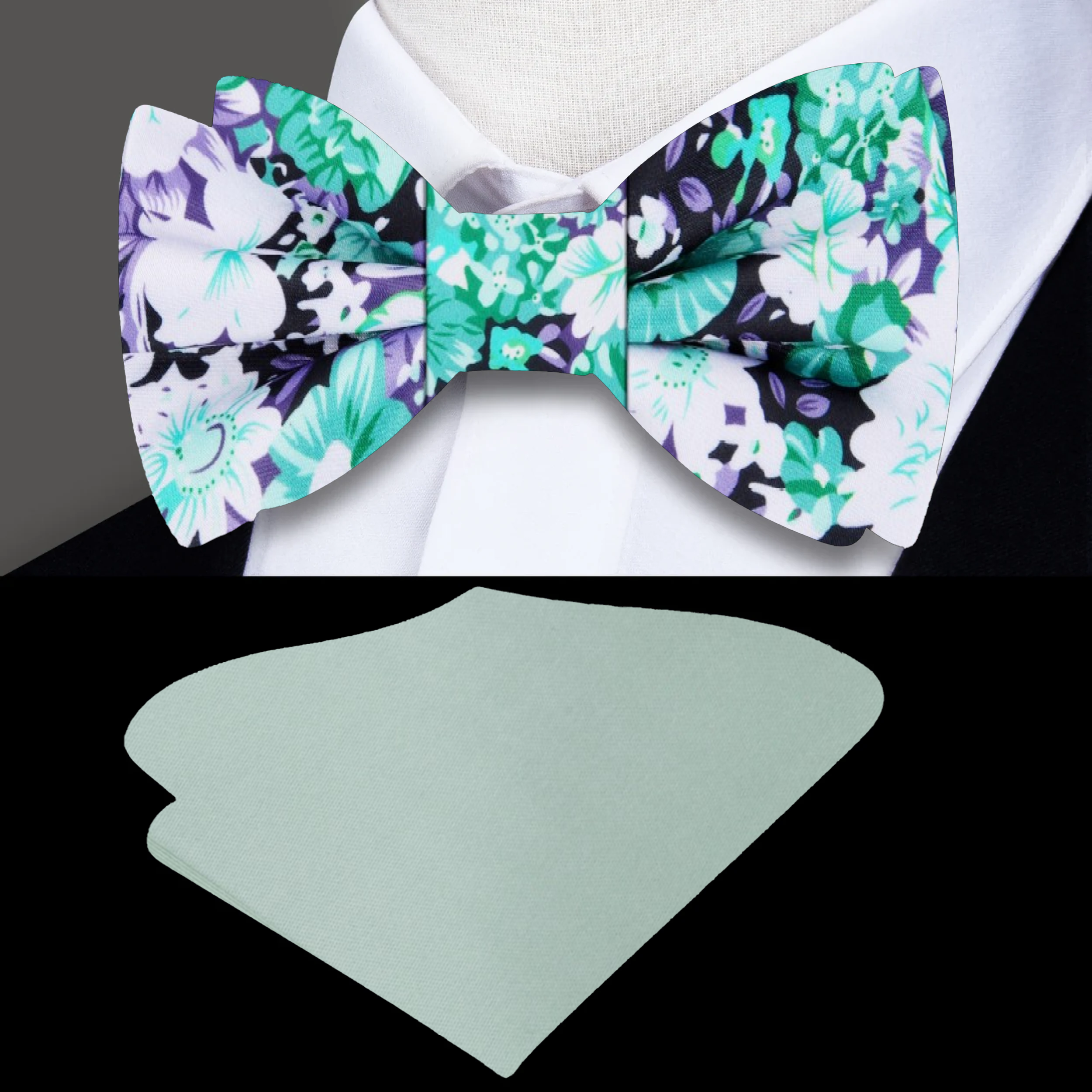 Elegant floral silk bow tie in green, white, and purple with artistic sketched flowers