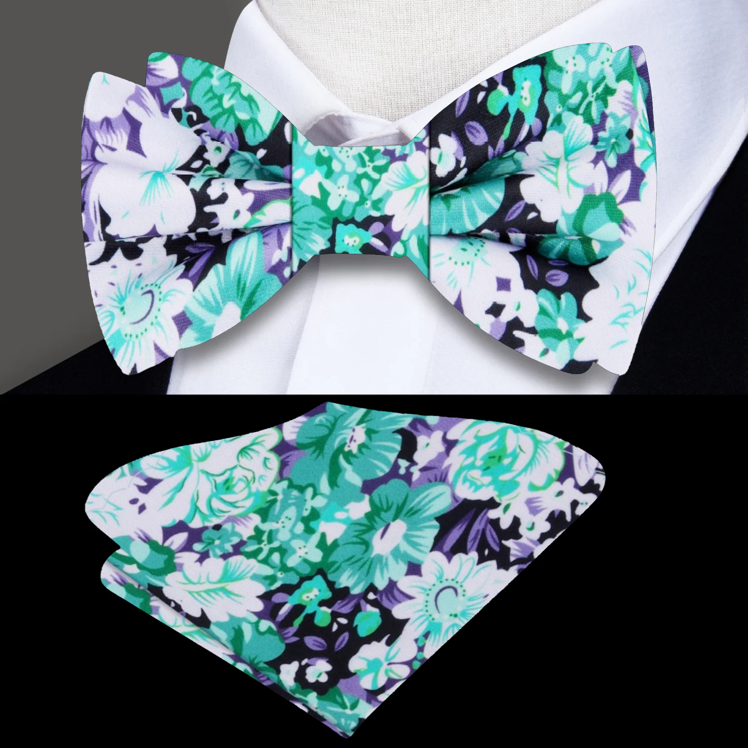 Man wearing a pre-tied floral bow tie for parties and formal events