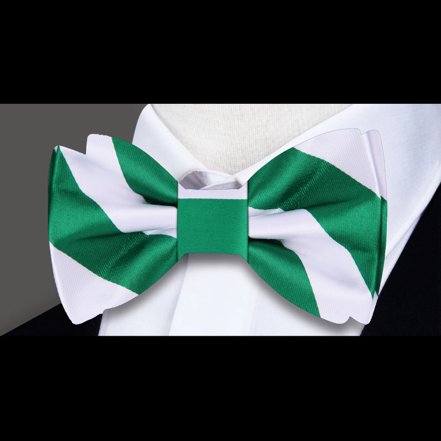 Close-up of the green and white striped silk bow tie showcasing its texture
