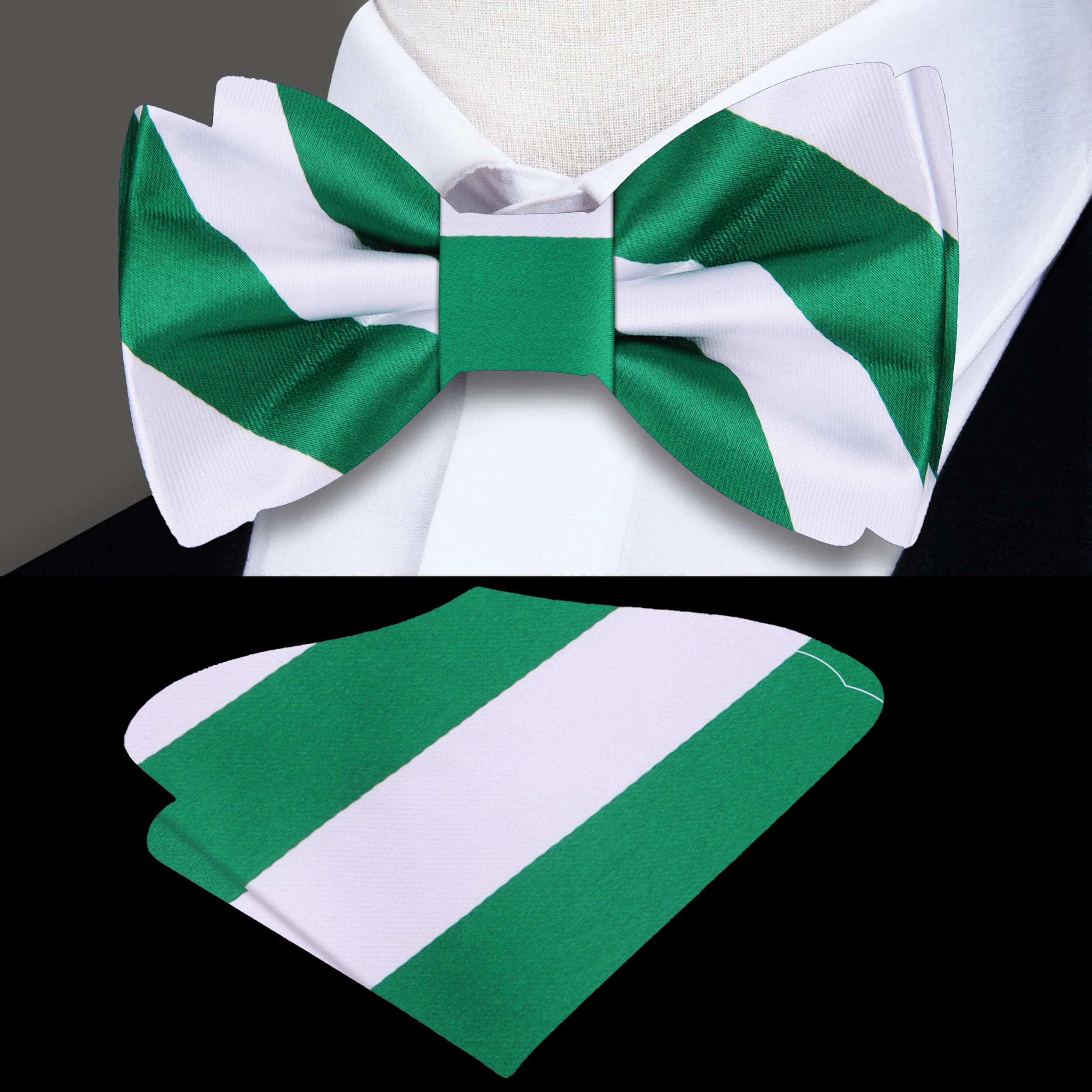 Elegant green and white striped silk bow tie on a dress shirt