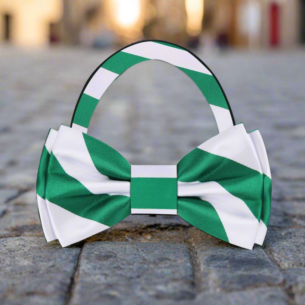 Model wearing the green and white striped silk bow tie at a wedding