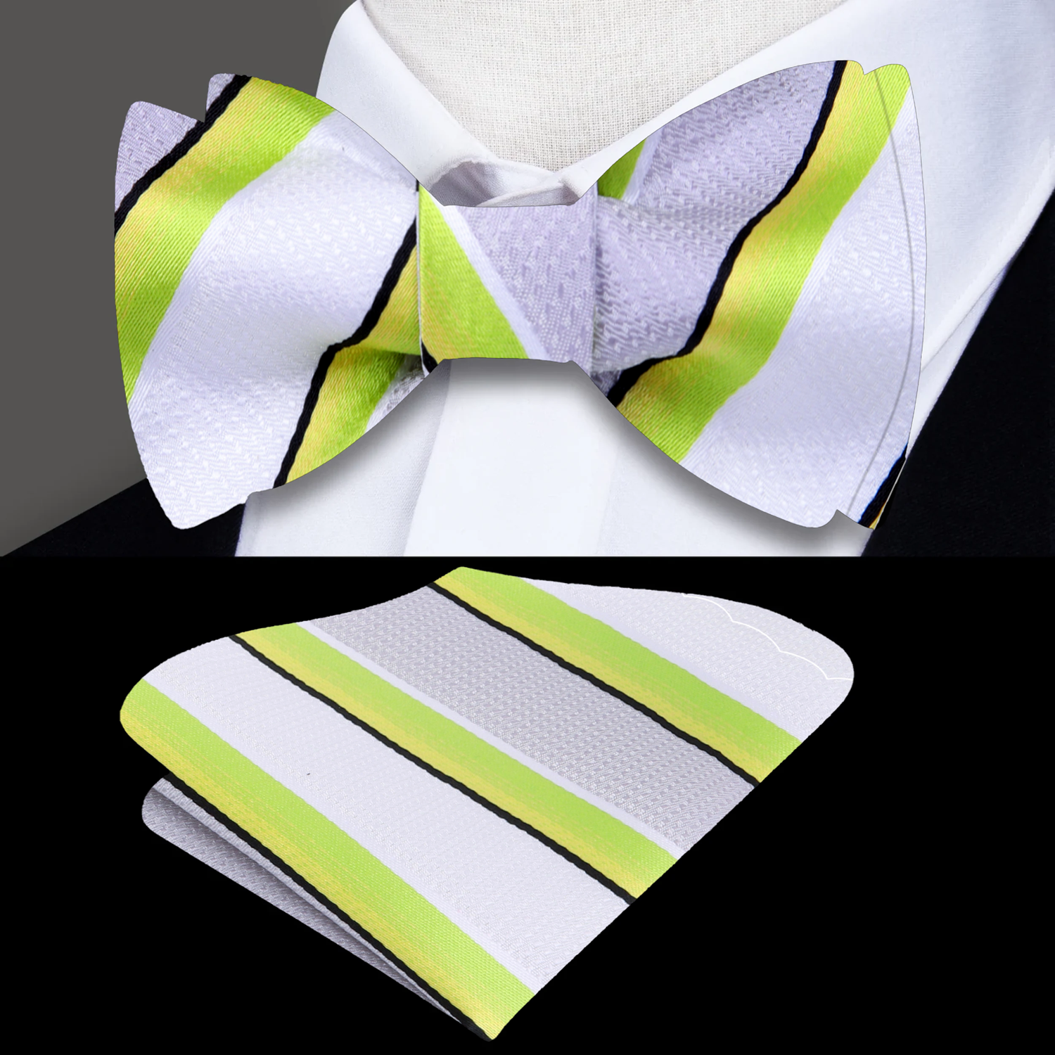Styled image of a man wearing a lime green striped bow tie at a formal event