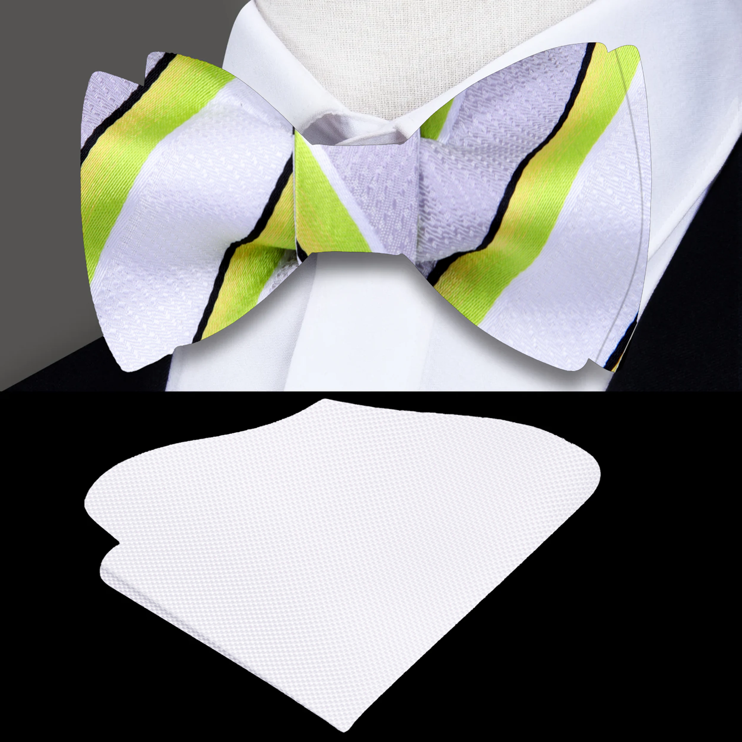 Close-up of a self-tie bow tie with bold lime green and black stripes