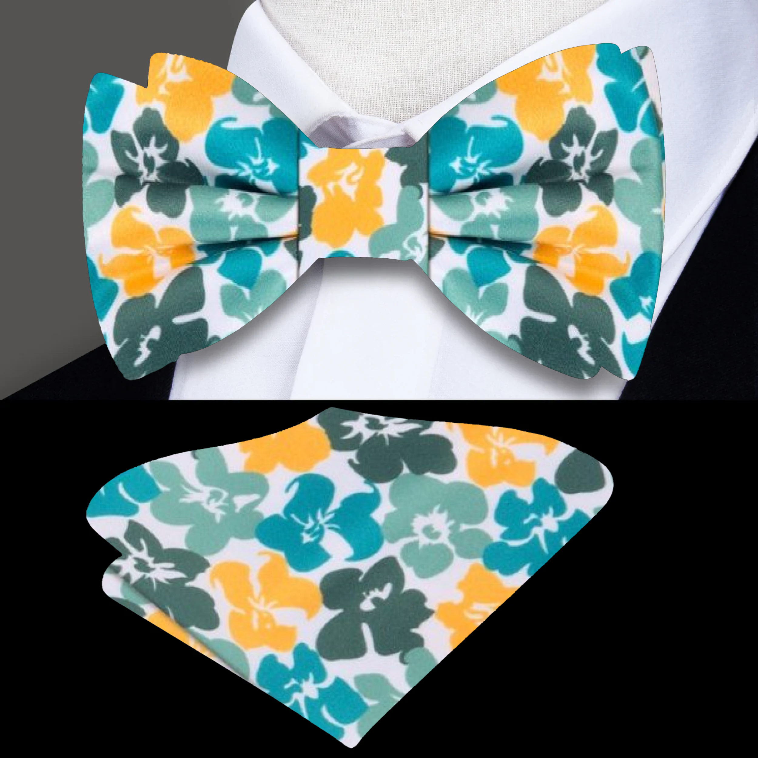Elegant hibiscus floral silk bow tie worn with formal suit for wedding