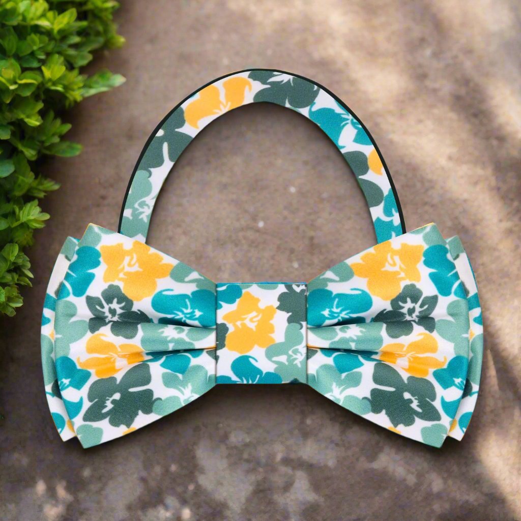 Mens floral bow tie with vibrant hibiscus flowers for outdoor events